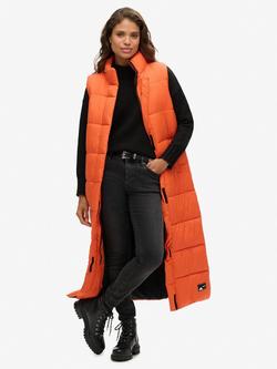 Superdry Ripstop Longline Puffer Gilet, Orange Grid, Orange Grid