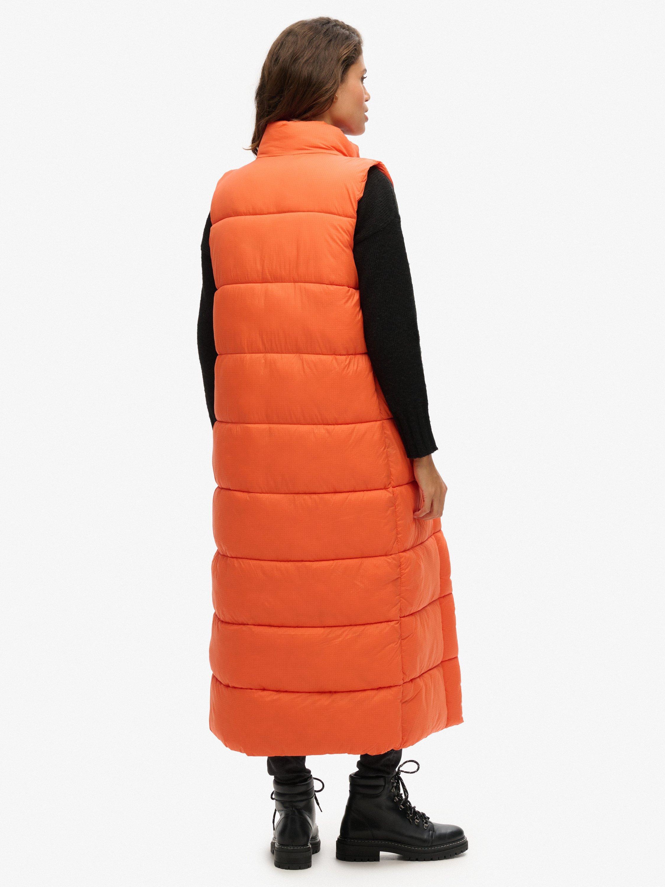 Product image 2 of 5, which shows Superdry Ripstop Longline Puffer Gilet, Orange Grid, 12