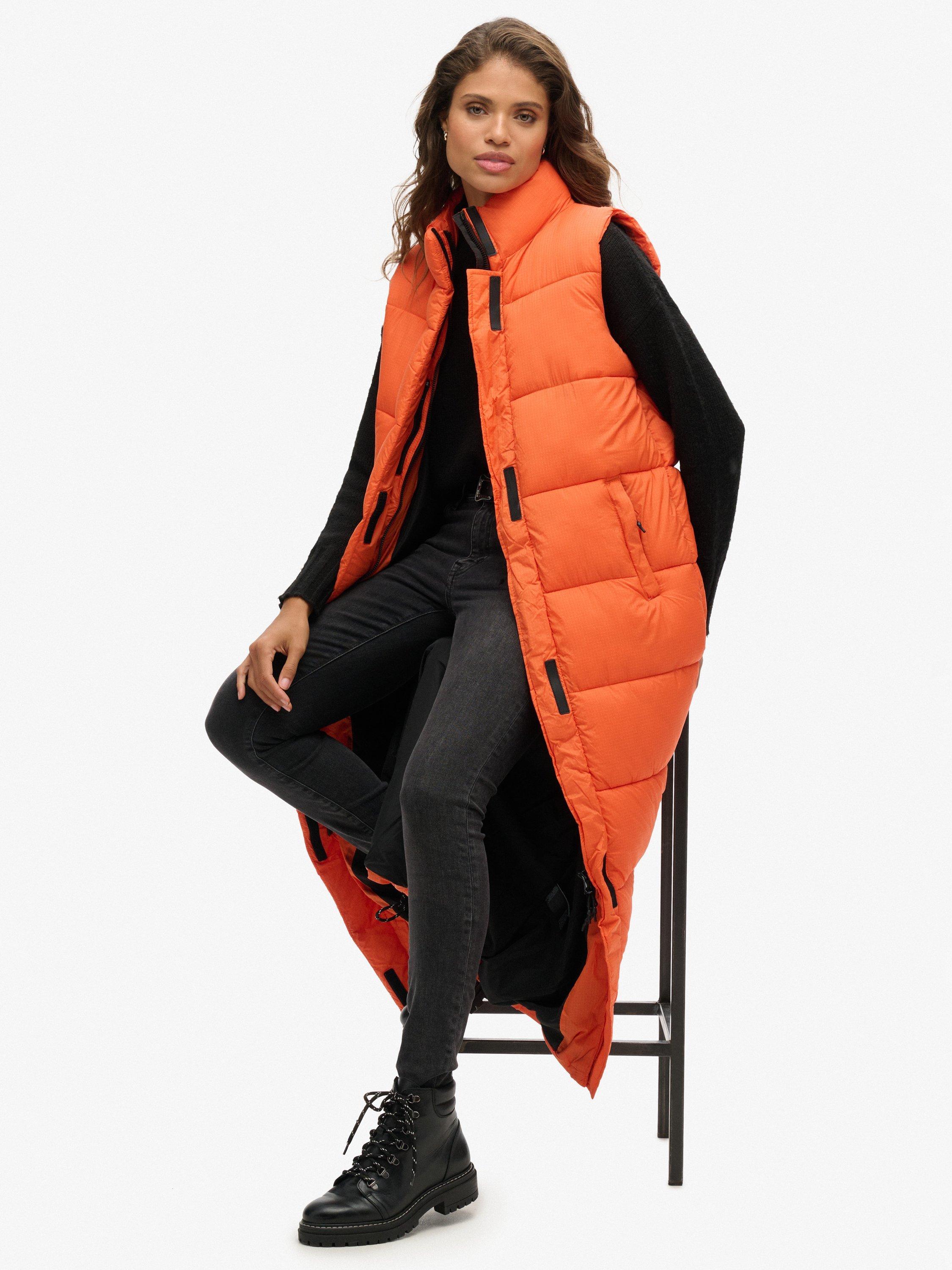 Product image 3 of 5, which shows Superdry Ripstop Longline Puffer Gilet, Orange Grid, 12