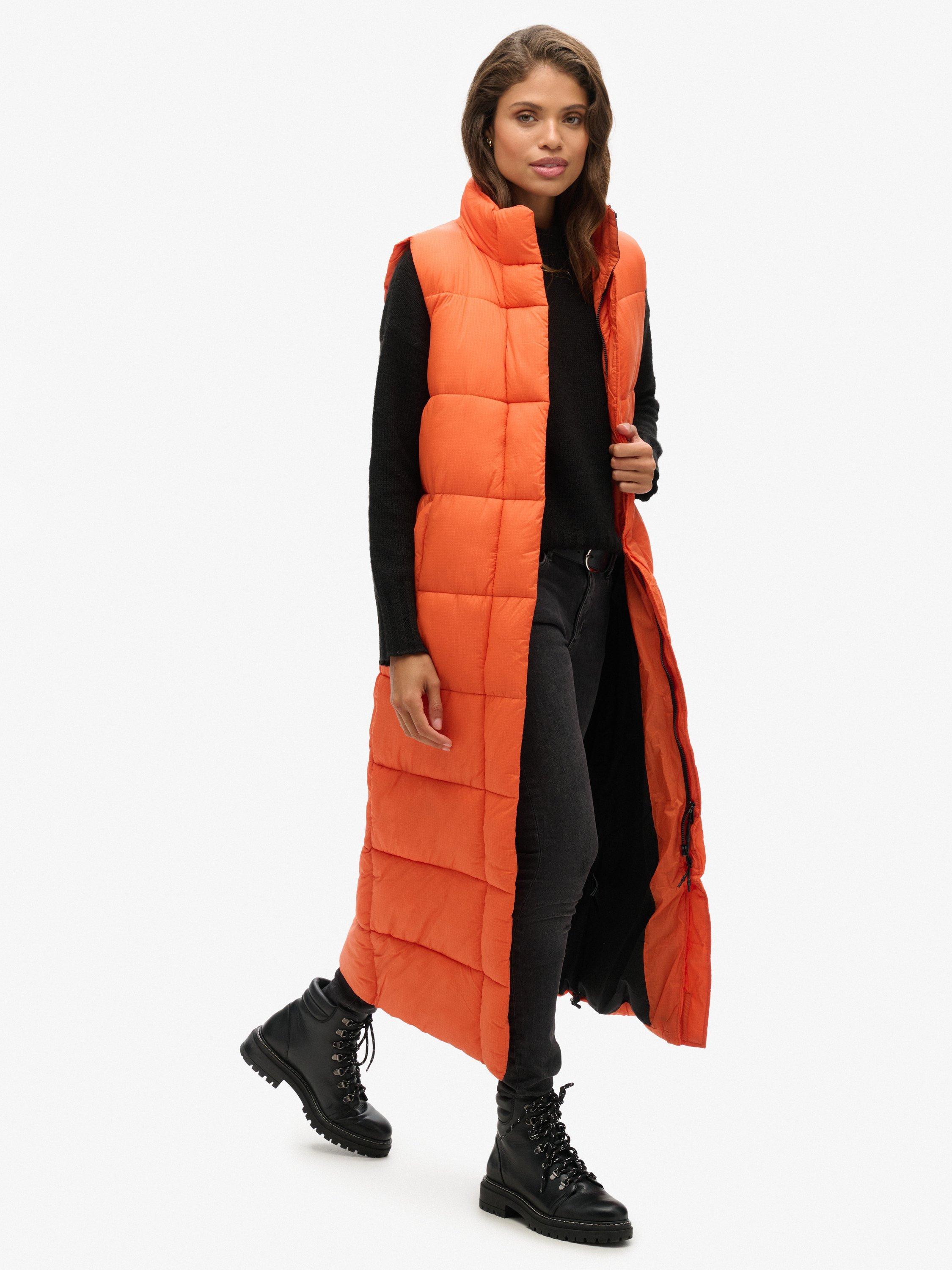 Product image 4 of 5, which shows Superdry Ripstop Longline Puffer Gilet, Orange Grid, 12