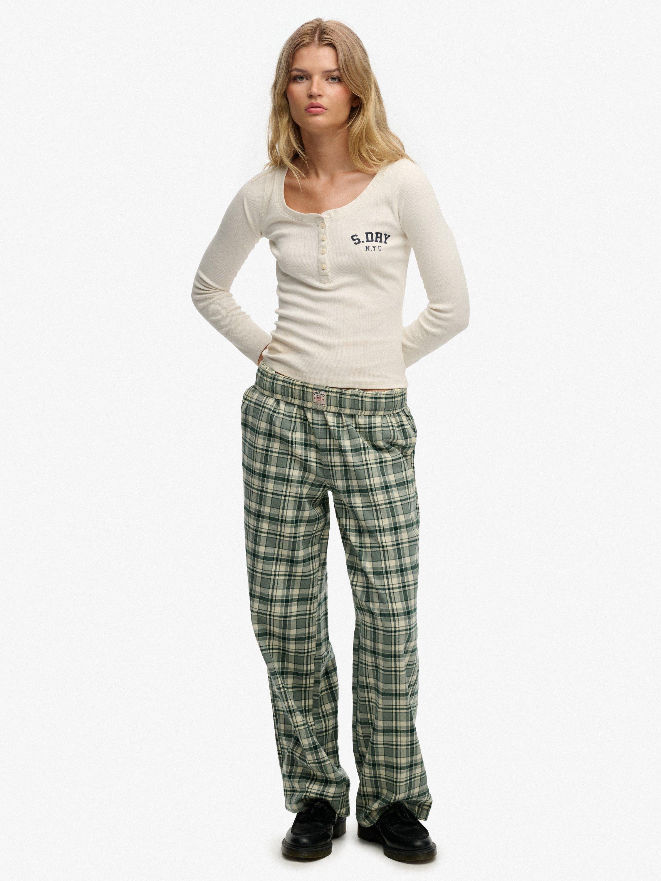 Product image 1 of 6, which shows Superdry Check Wide Leg Trousers, Green Check, 12