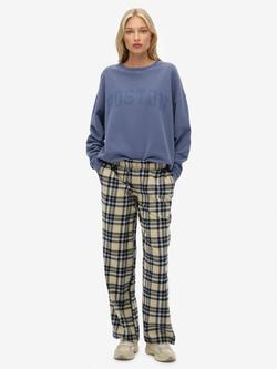 Superdry Check Wide Leg Trousers, Cream/Navy Check, Cream/Navy Check