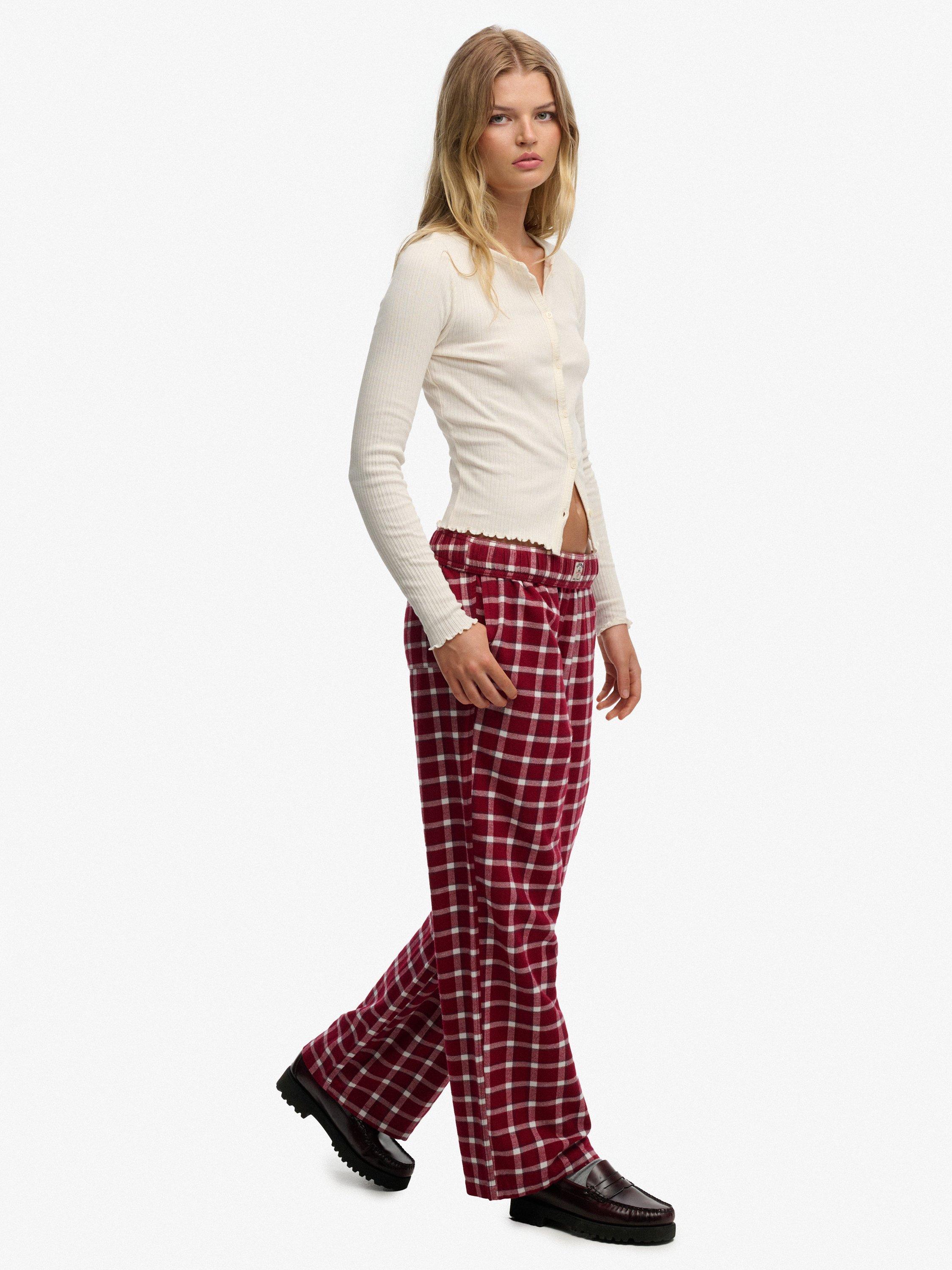 Product image 3 of 6, which shows Superdry Check Wide Leg Trousers, Burgundy Check, 12