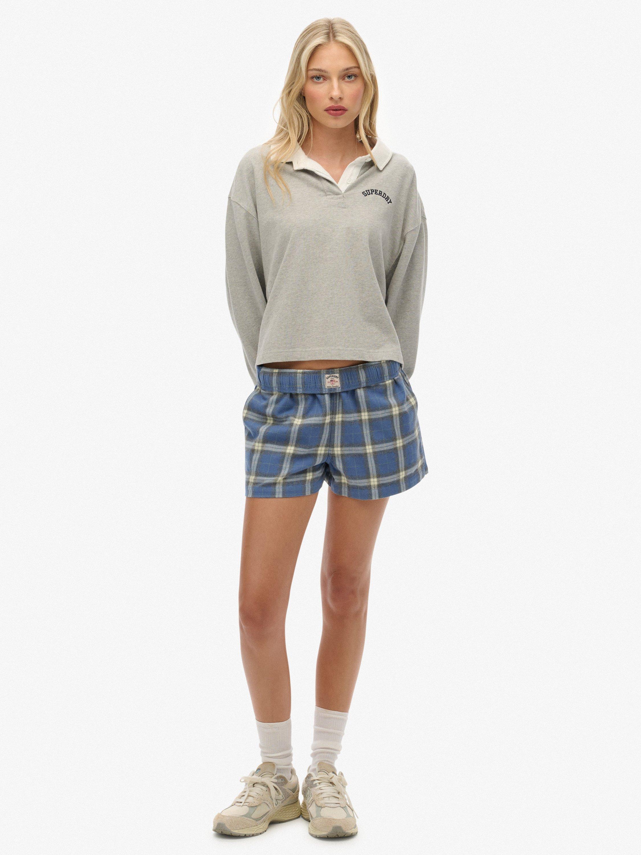 Product image 1 of 6, which shows Superdry Check Wide Fit Shorts, Navy/Green Check, 10