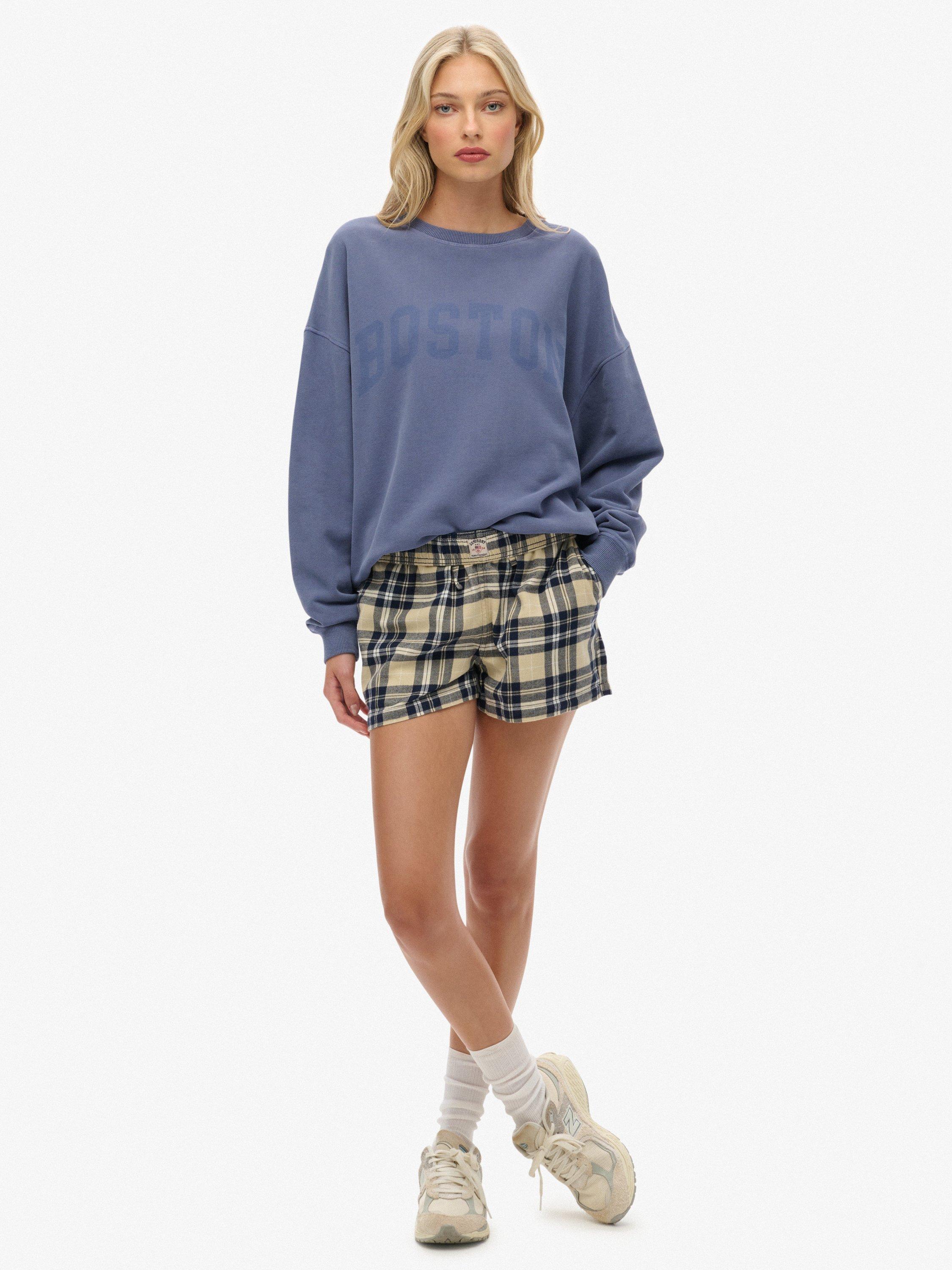 Product image 1 of 6, which shows Superdry Check Wide Fit Shorts, Cream/Navy Check, 16
