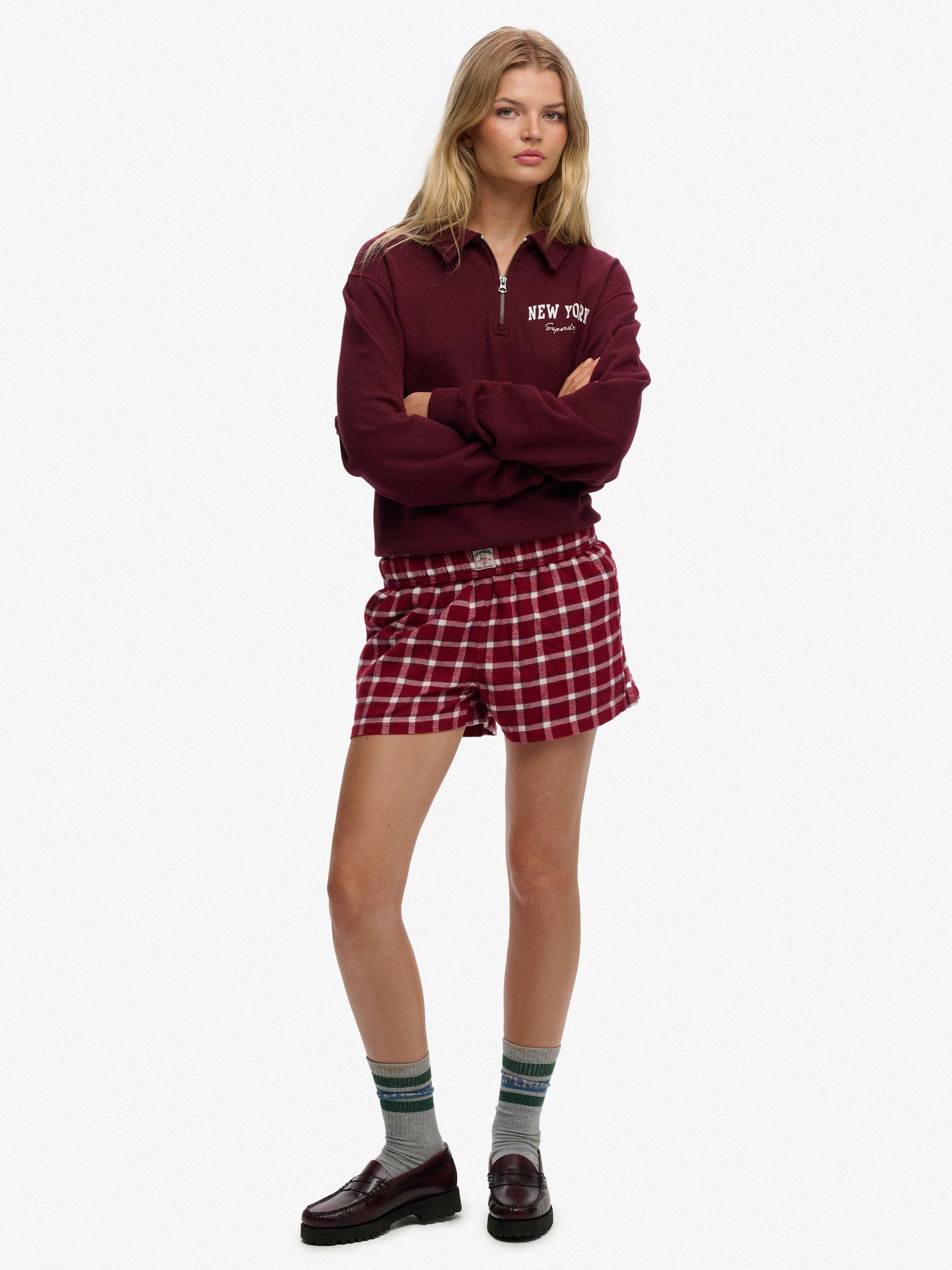 Product image 1 of 6, which shows Superdry Check Wide Fit Shorts, Burgundy Check, 8