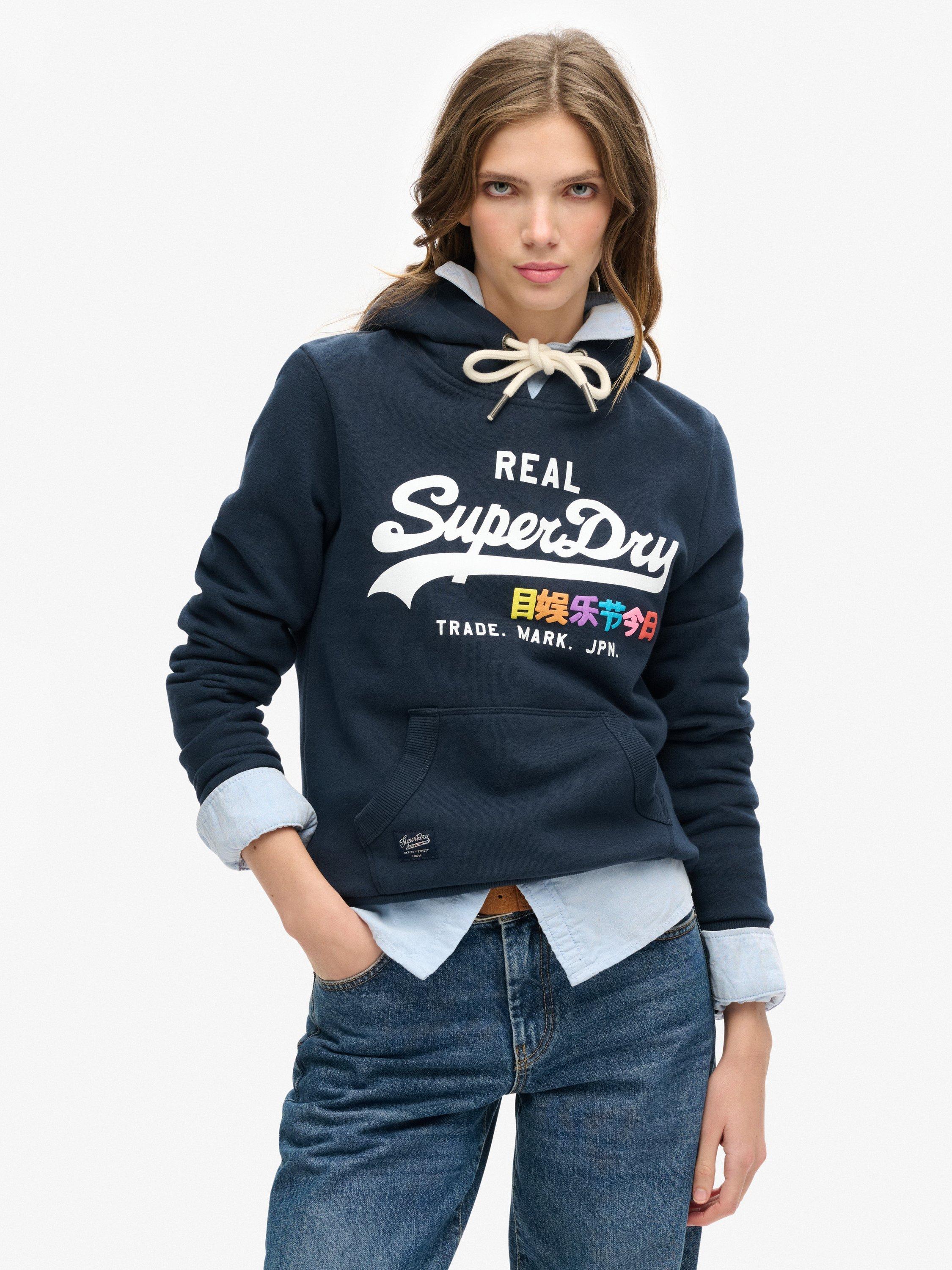 Product image 1 of 6, which shows Superdry Vintage Logo Pop Hoodie, Eclipse Navy, 14