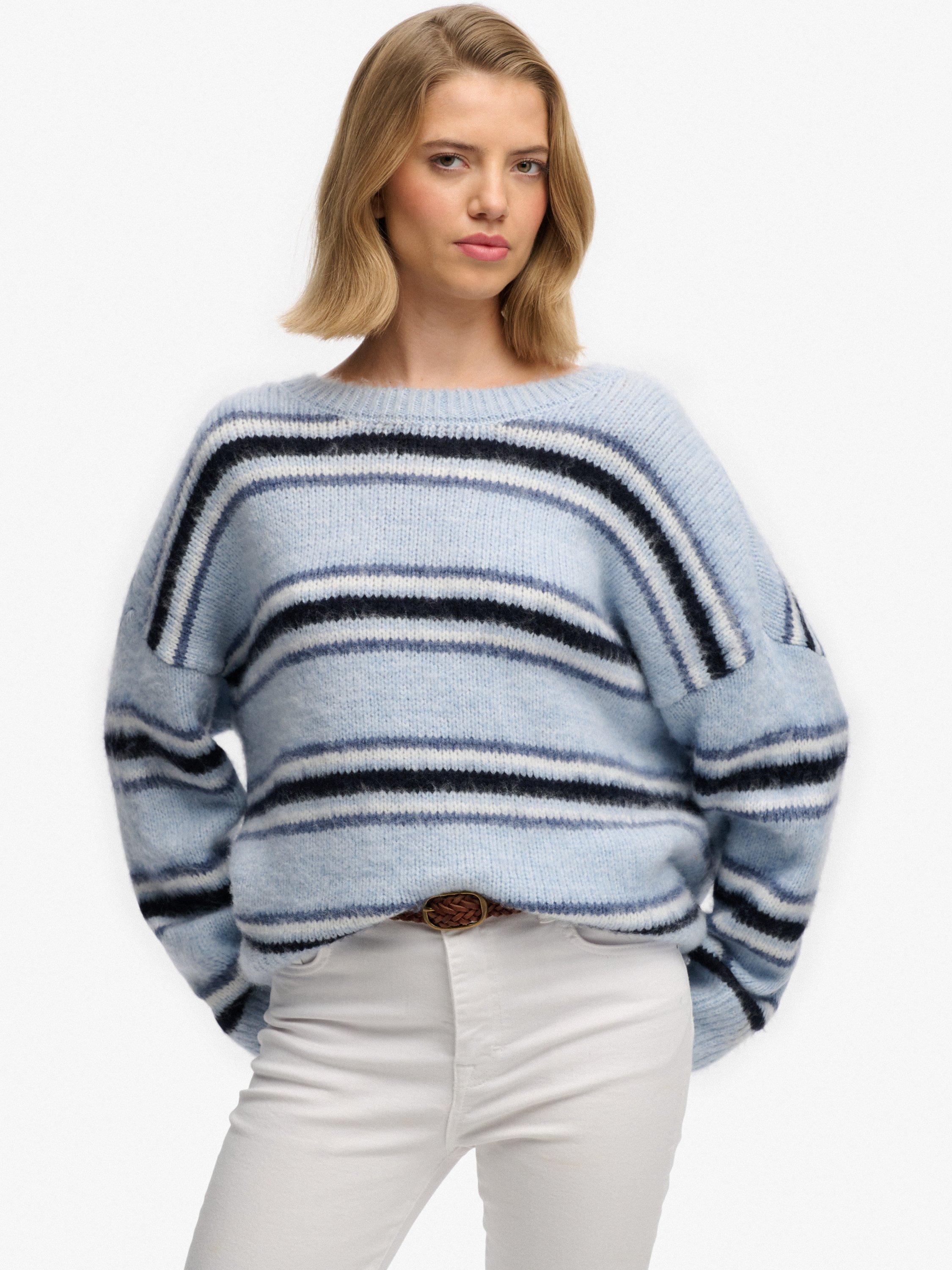 Product image 1 of 5, which shows Superdry Slouchy Brushed Stripe Knit Jumper, Blue Fog, 12