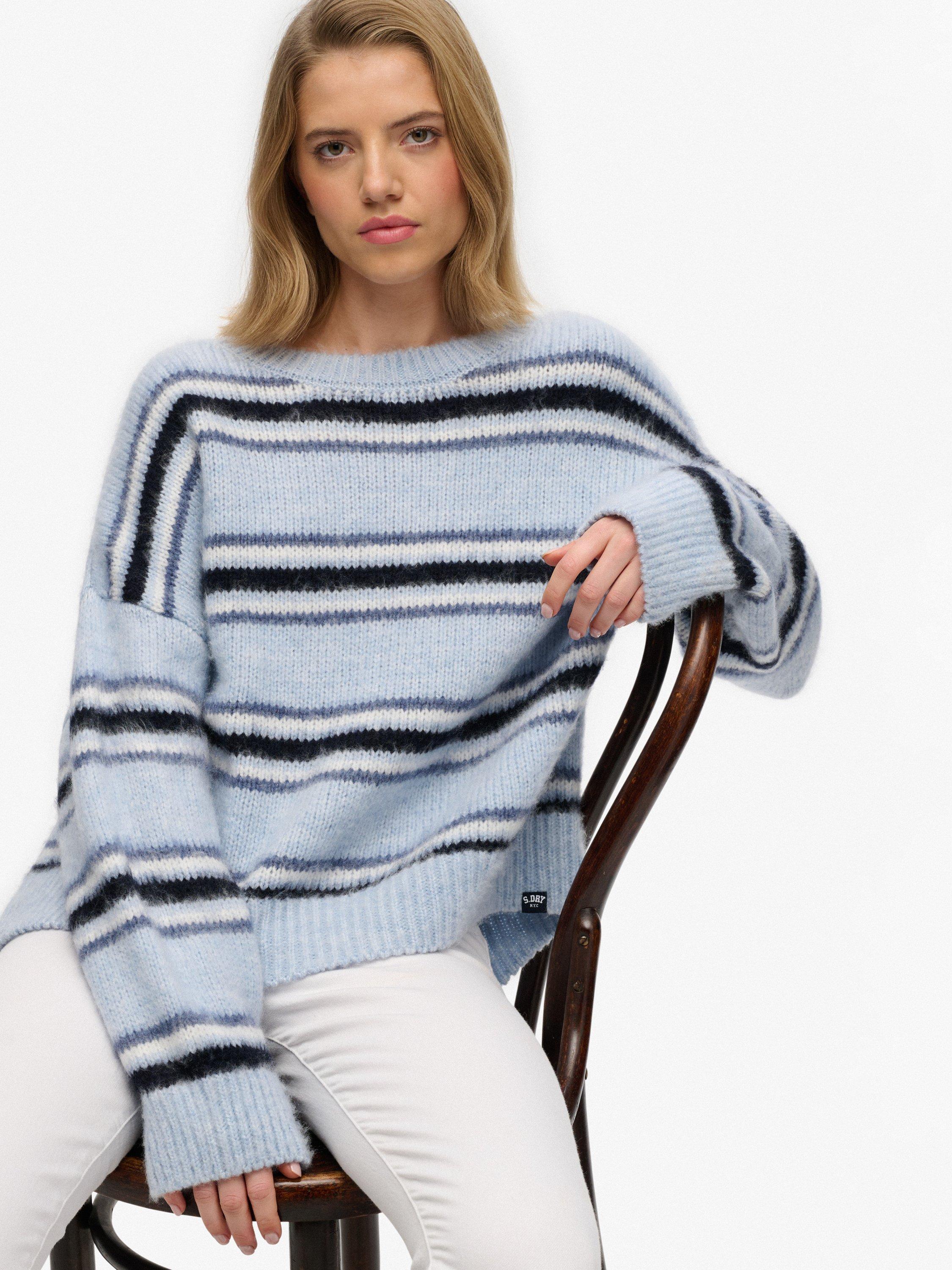 Product image 4 of 5, which shows Superdry Slouchy Brushed Stripe Knit Jumper, Blue Fog, 12