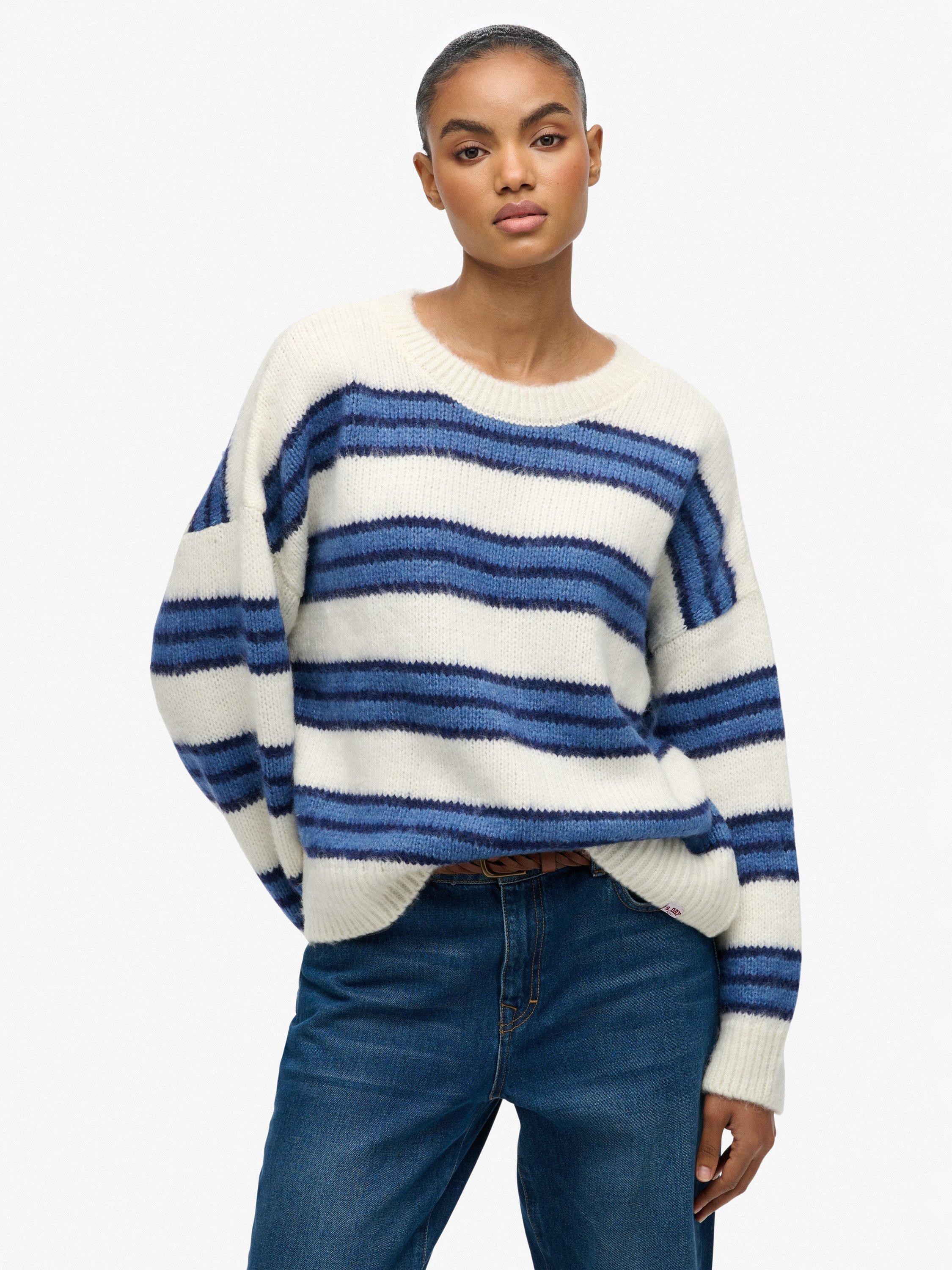 Product image 1 of 5, which shows Superdry Slouchy Brushed Stripe Knit Jumper, Bleached Blue, 6