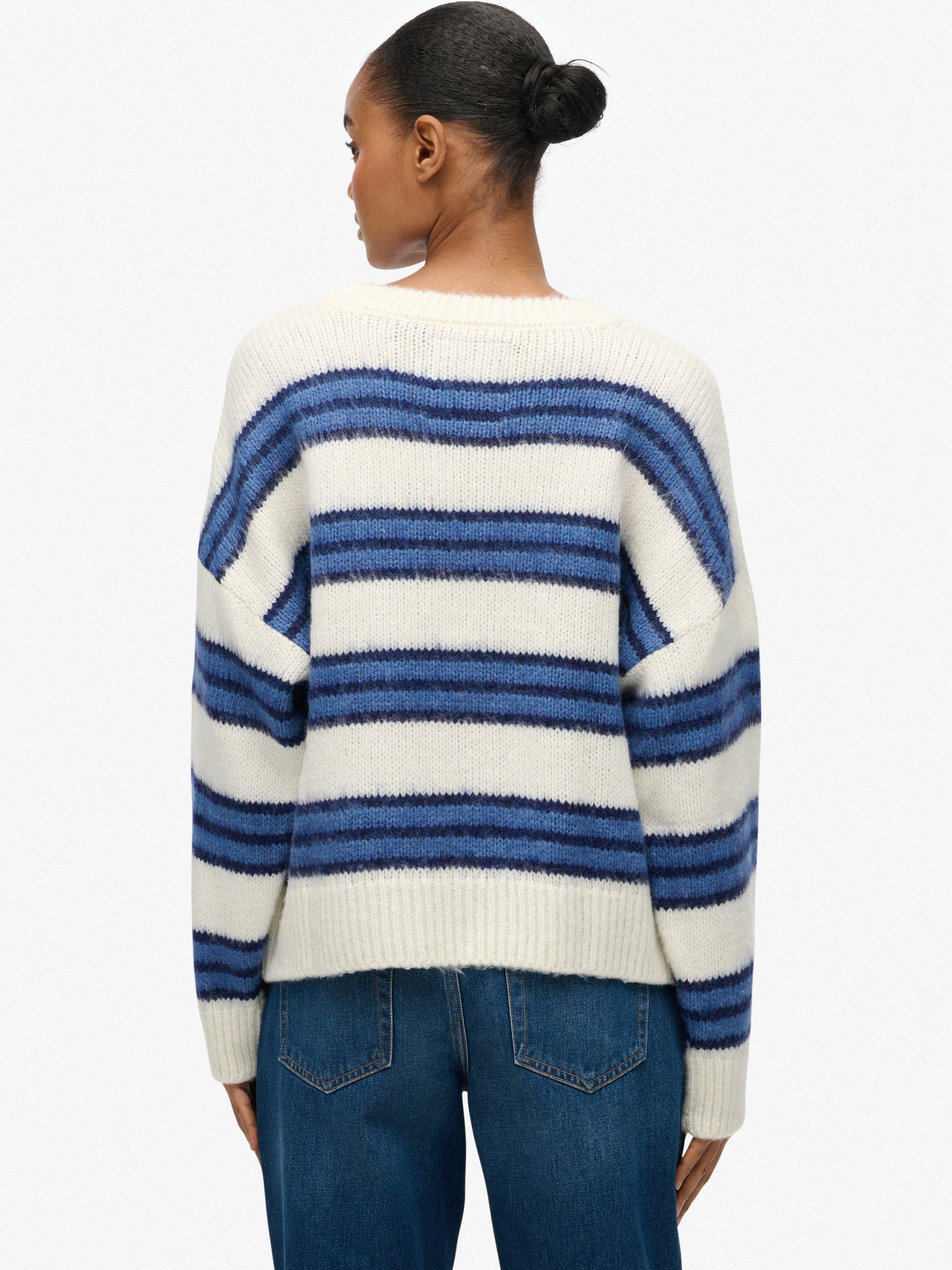 Product image 2 of 5, which shows Superdry Slouchy Brushed Stripe Knit Jumper, Bleached Blue, 6