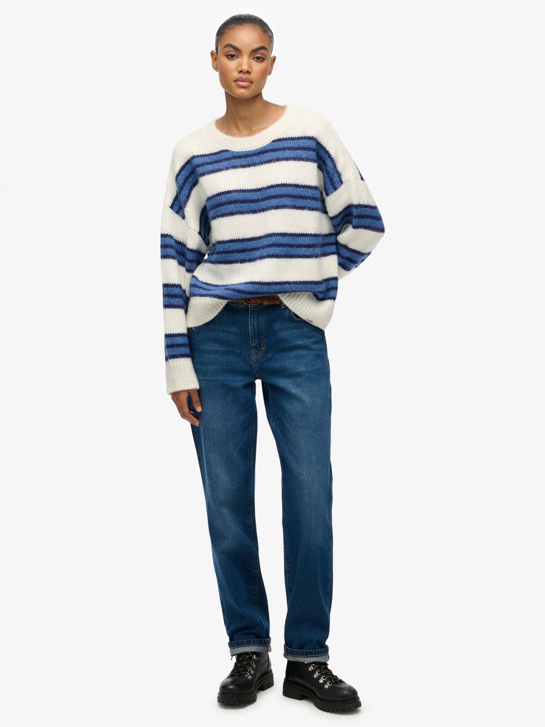 Product image 3 of 5, which shows Superdry Slouchy Brushed Stripe Knit Jumper, Bleached Blue, 6