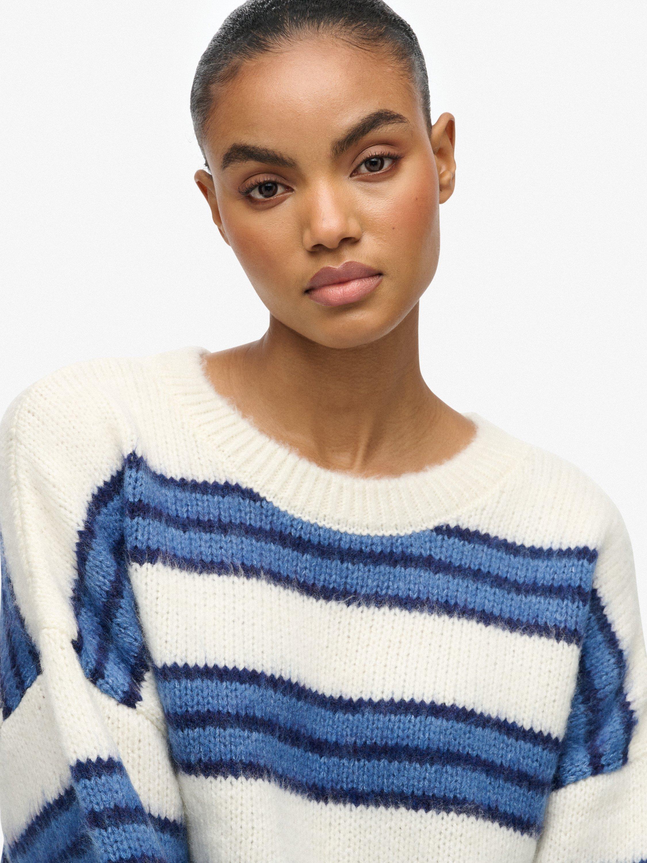 Product image 5 of 5, which shows Superdry Slouchy Brushed Stripe Knit Jumper, Bleached Blue, 6