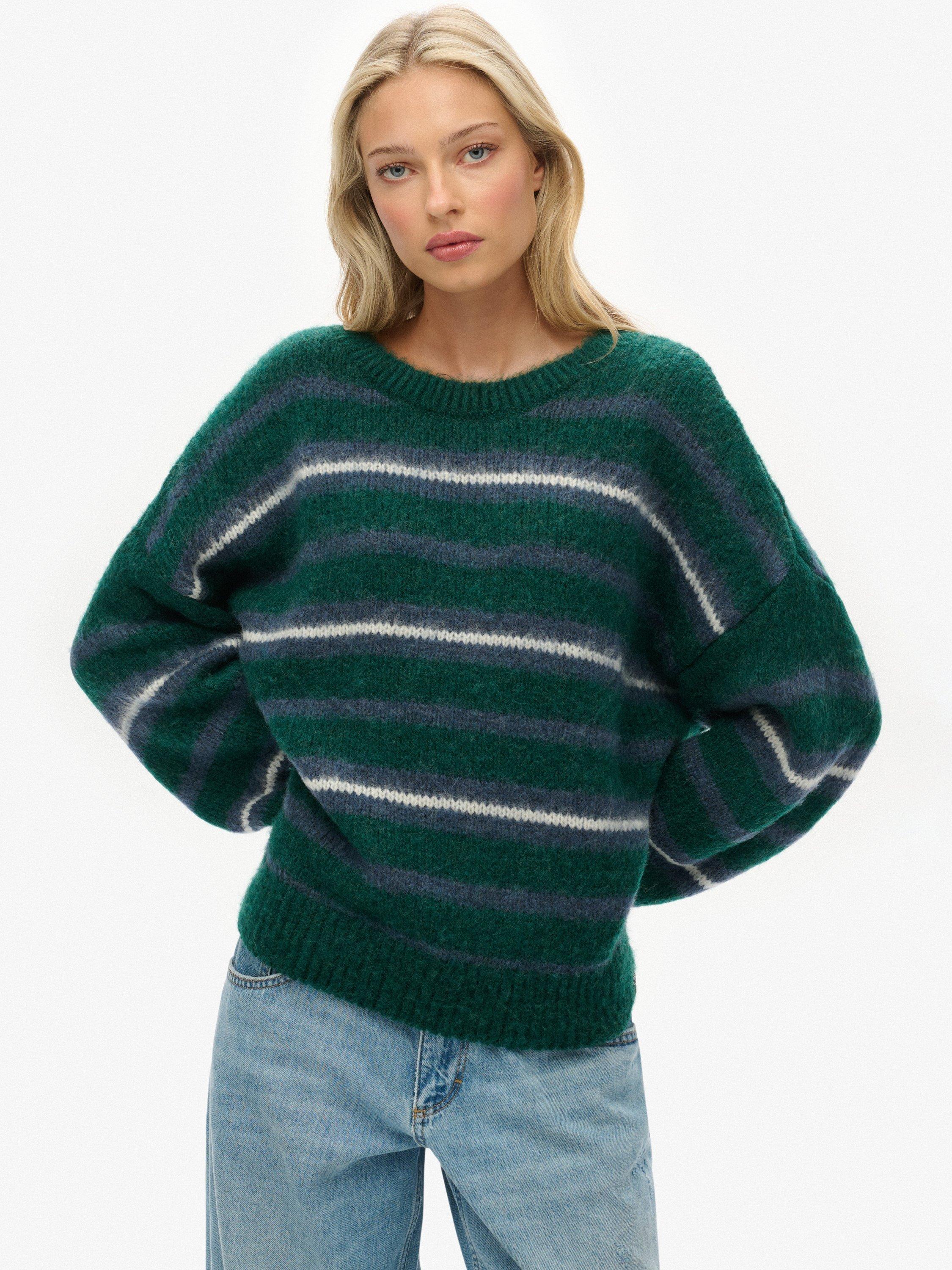 Product image 1 of 5, which shows Superdry Slouchy Brushed Stripe Knit Jumper, Pine Green Stripe, 16