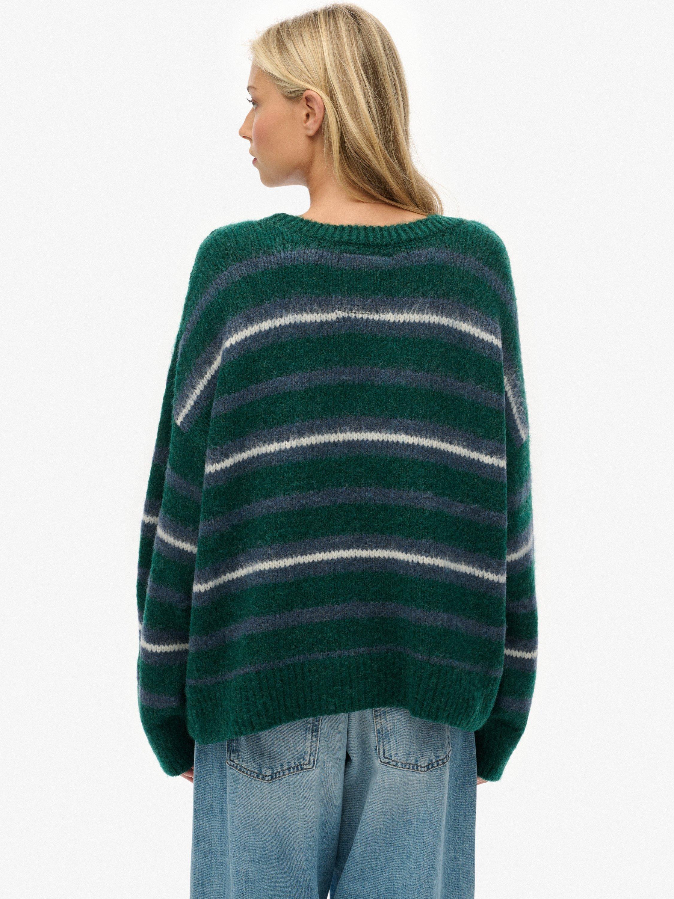 Product image 2 of 5, which shows Superdry Slouchy Brushed Stripe Knit Jumper, Pine Green Stripe, 16