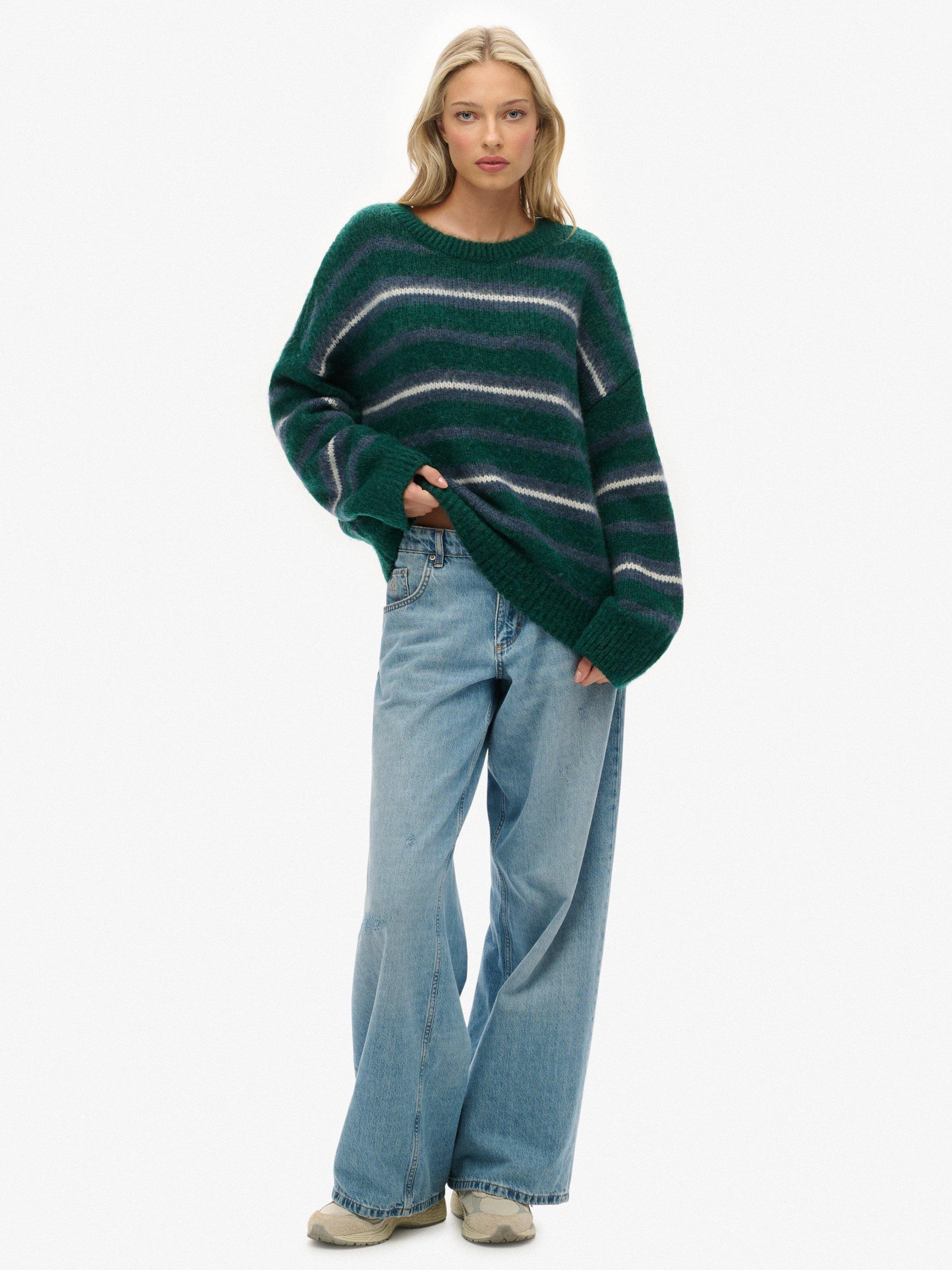 Product image 3 of 5, which shows Superdry Slouchy Brushed Stripe Knit Jumper, Pine Green Stripe, 16