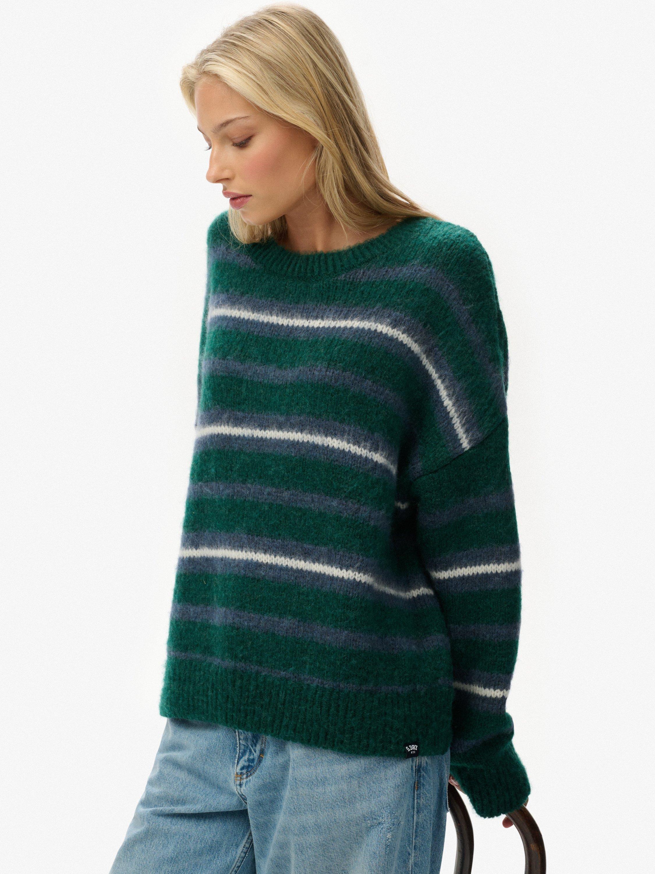 Product image 4 of 5, which shows Superdry Slouchy Brushed Stripe Knit Jumper, Pine Green Stripe, 16