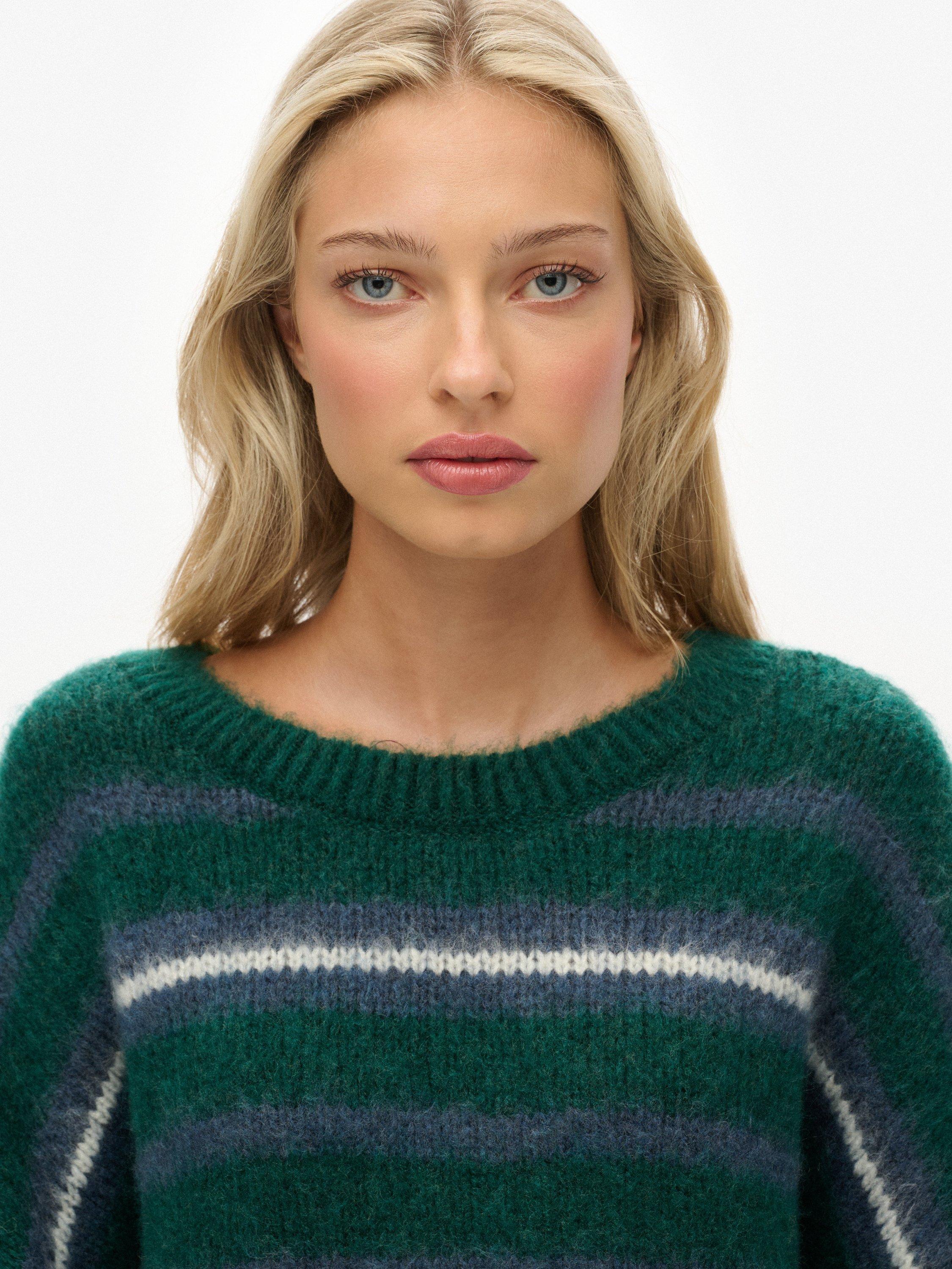 Product image 5 of 5, which shows Superdry Slouchy Brushed Stripe Knit Jumper, Pine Green Stripe, 16