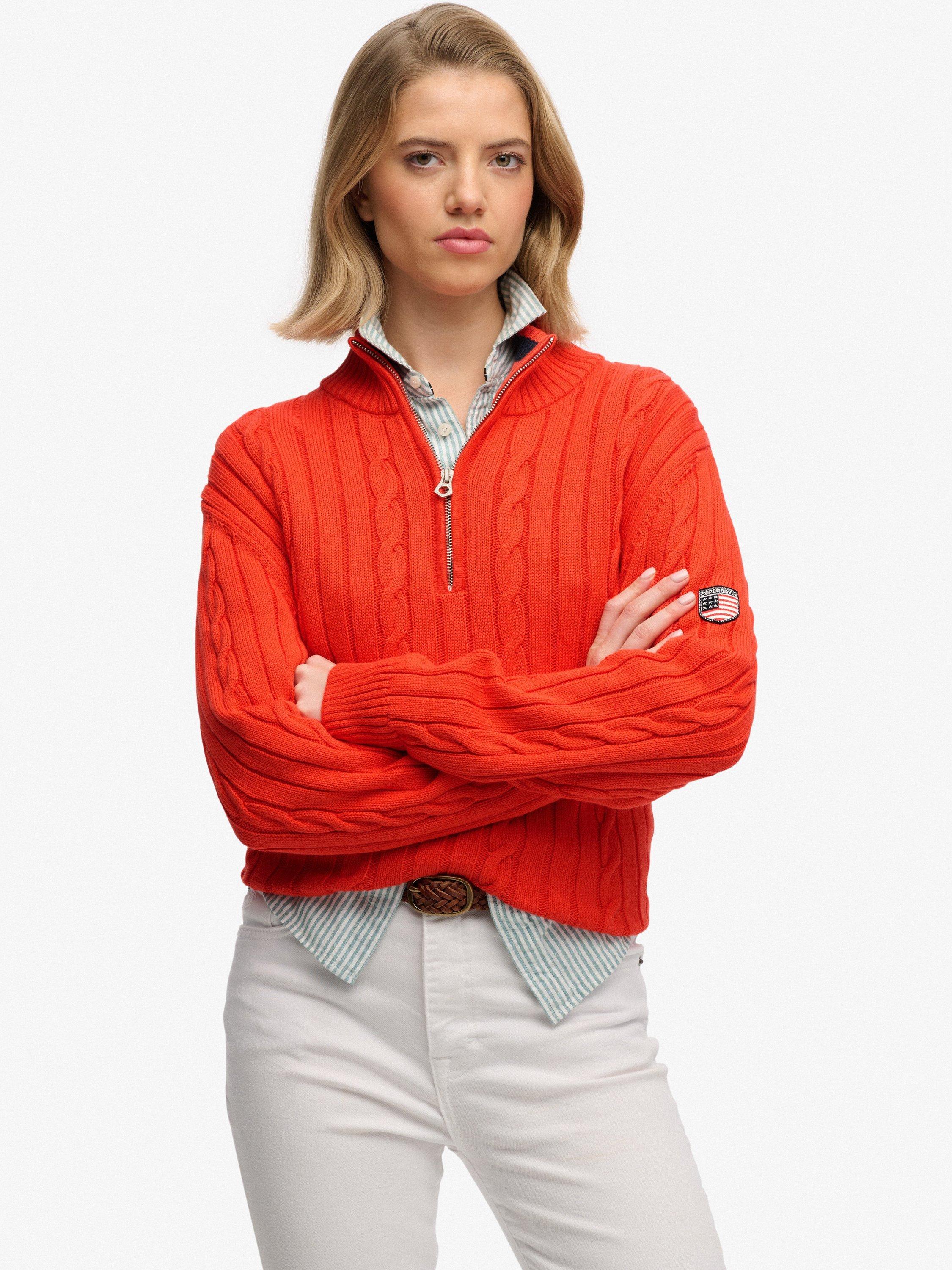 Product image 1 of 5, which shows Superdry Slouchy Cable Knit Half Zip Jumper, Grenadine Orange, 8