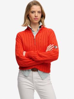 Superdry Slouchy Cable Knit Half Zip Jumper, Eclipse Navy, Grenadine Orange