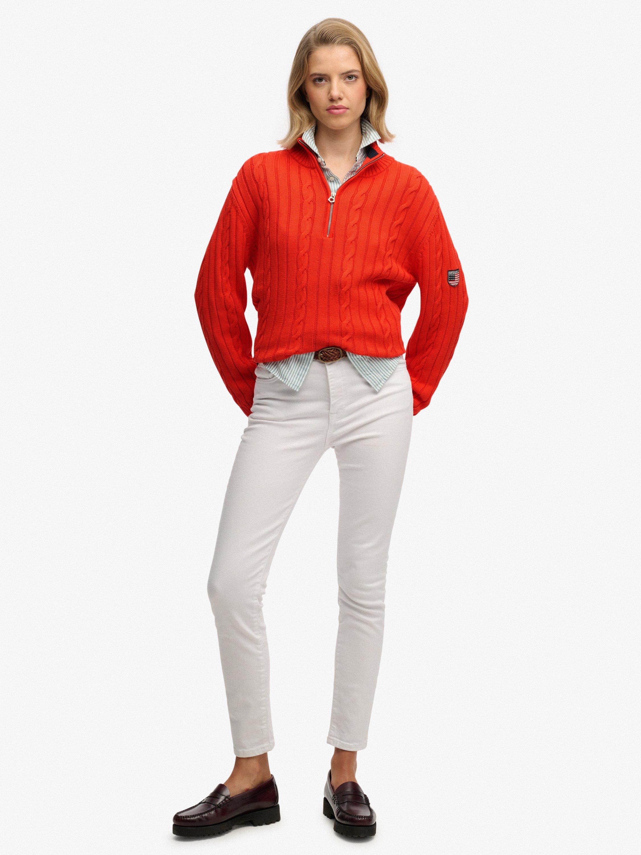 Product image 3 of 5, which shows Superdry Slouchy Cable Knit Half Zip Jumper, Grenadine Orange, 8