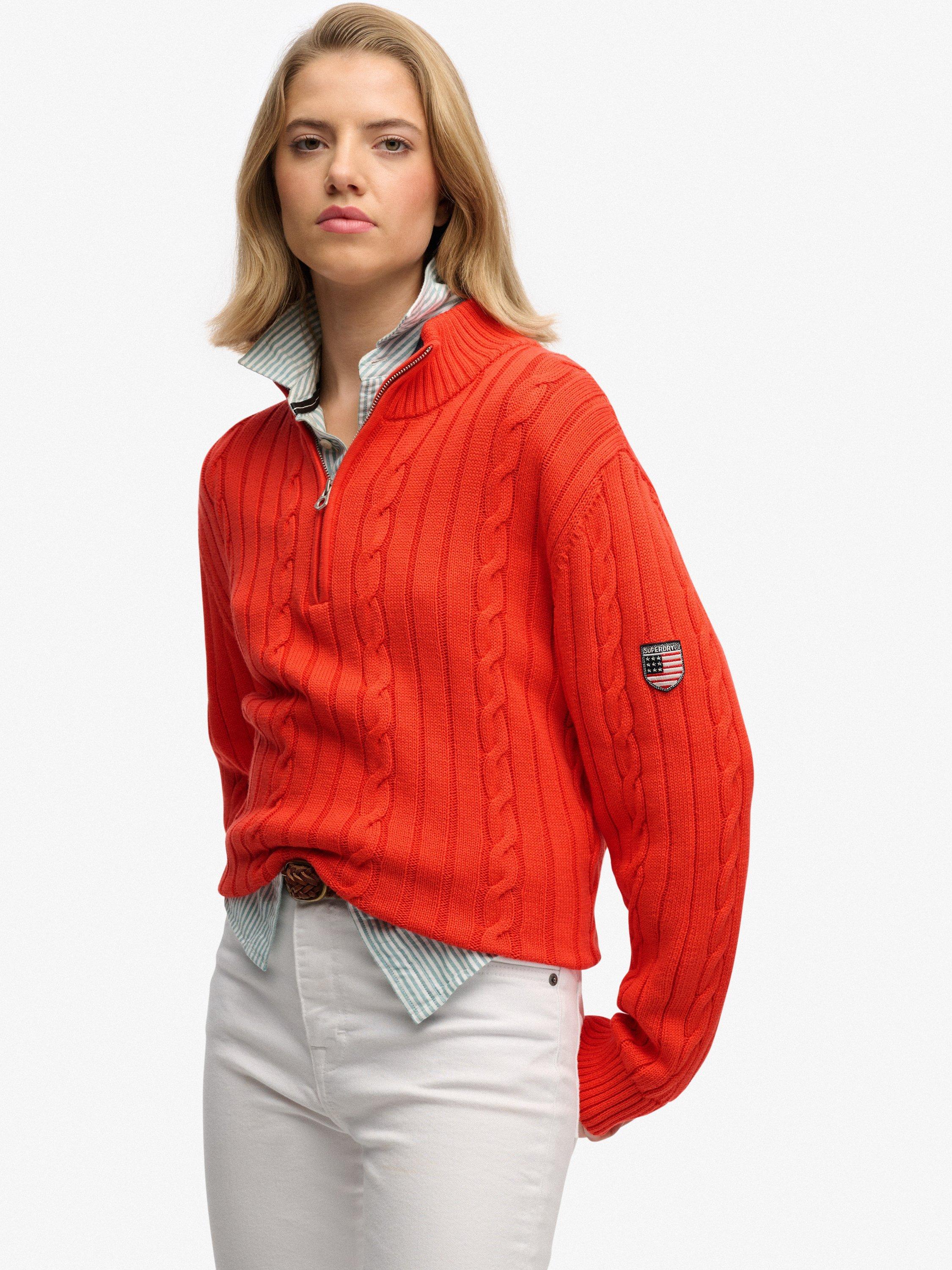 Product image 4 of 5, which shows Superdry Slouchy Cable Knit Half Zip Jumper, Grenadine Orange, 8