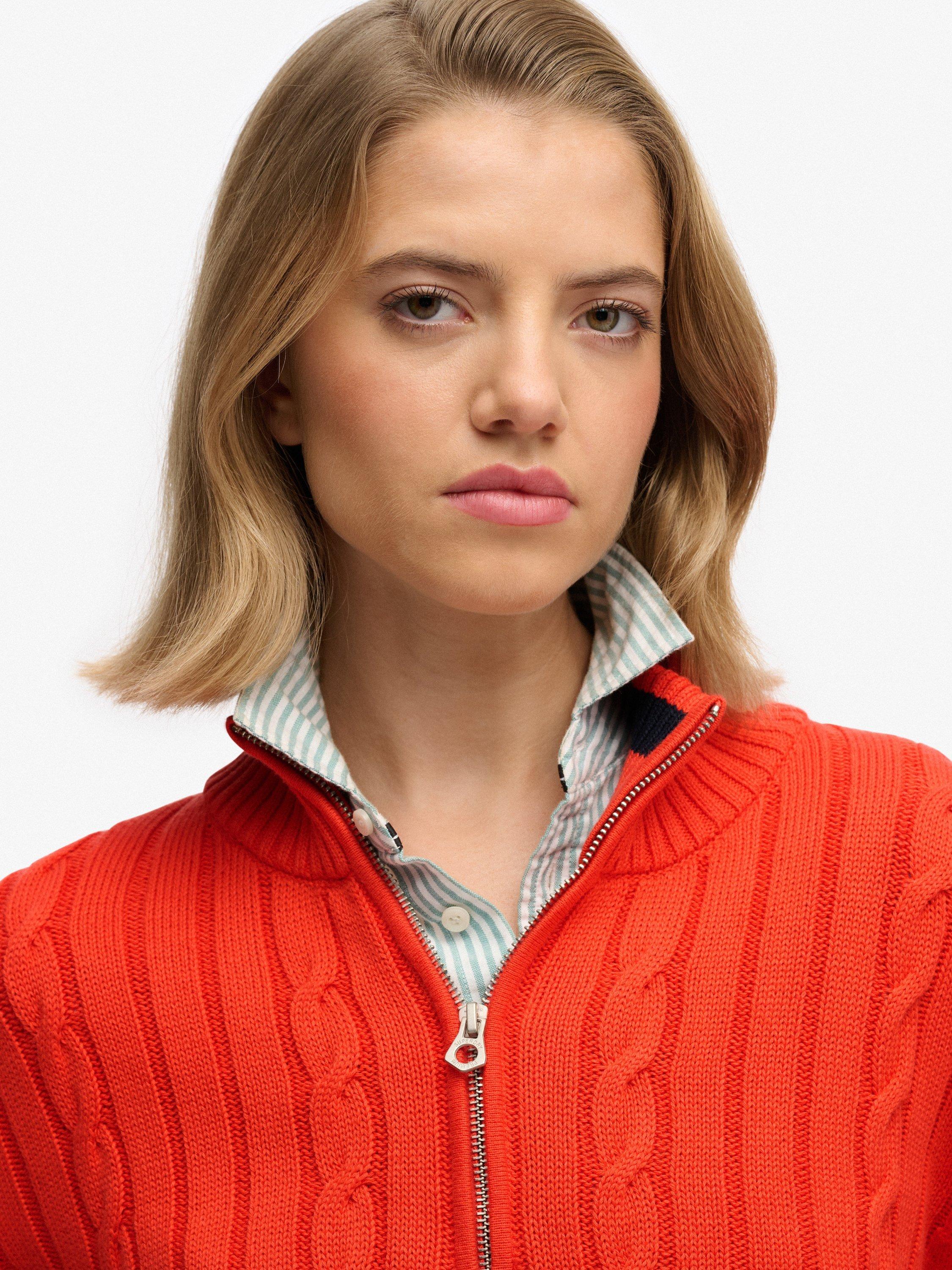 Product image 5 of 5, which shows Superdry Slouchy Cable Knit Half Zip Jumper, Grenadine Orange, 8