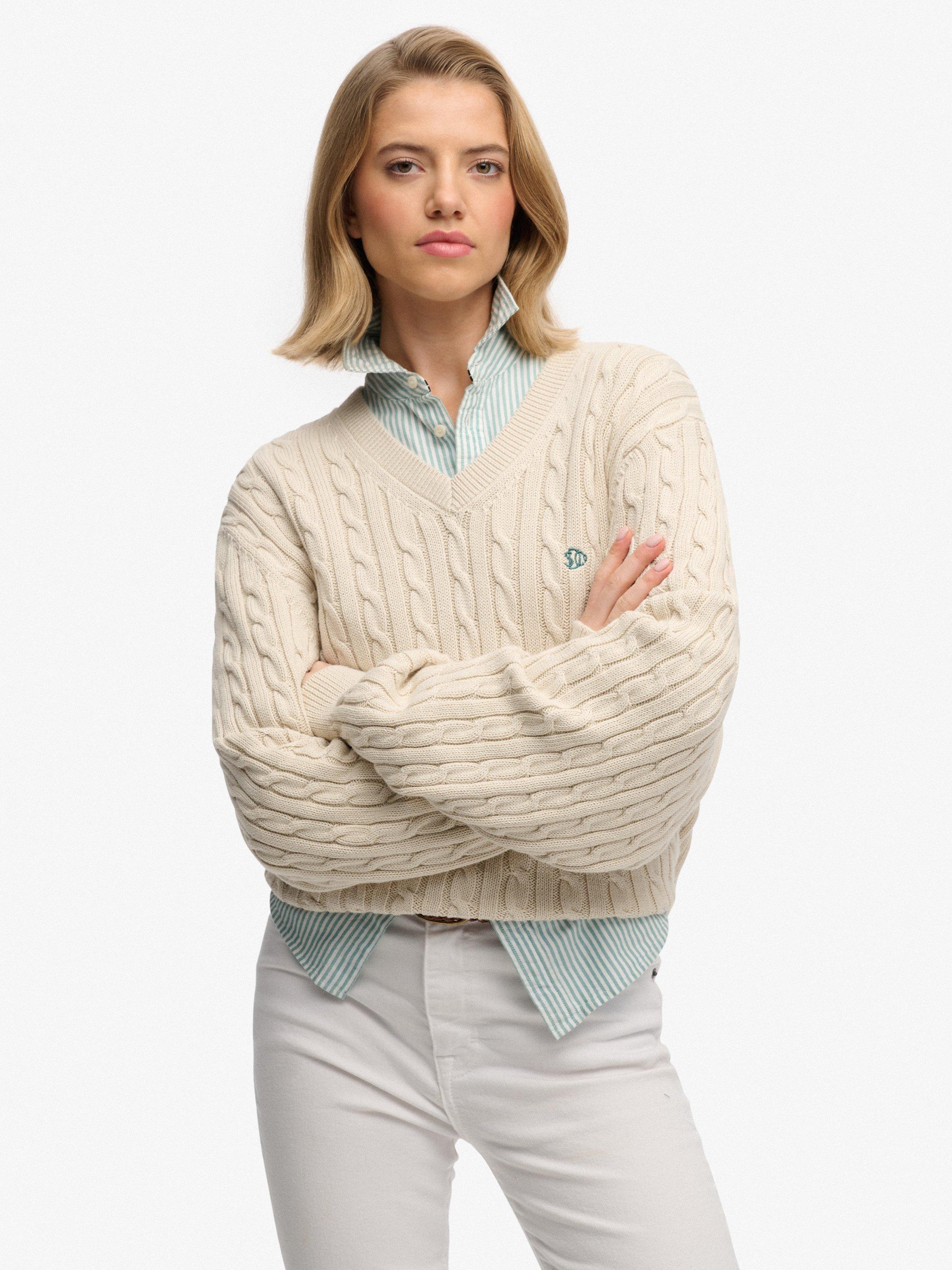 Product image 1 of 5, which shows Superdry Oversized V-Neck Cable Knit Jumper, Oatmeal Beige, 8
