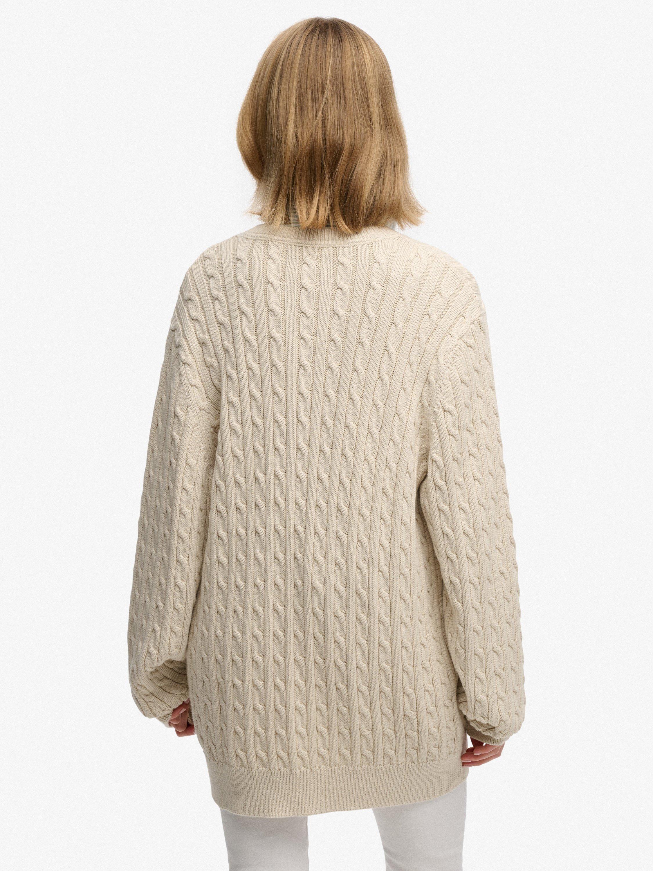 Product image 2 of 5, which shows Superdry Oversized V-Neck Cable Knit Jumper, Oatmeal Beige, 8