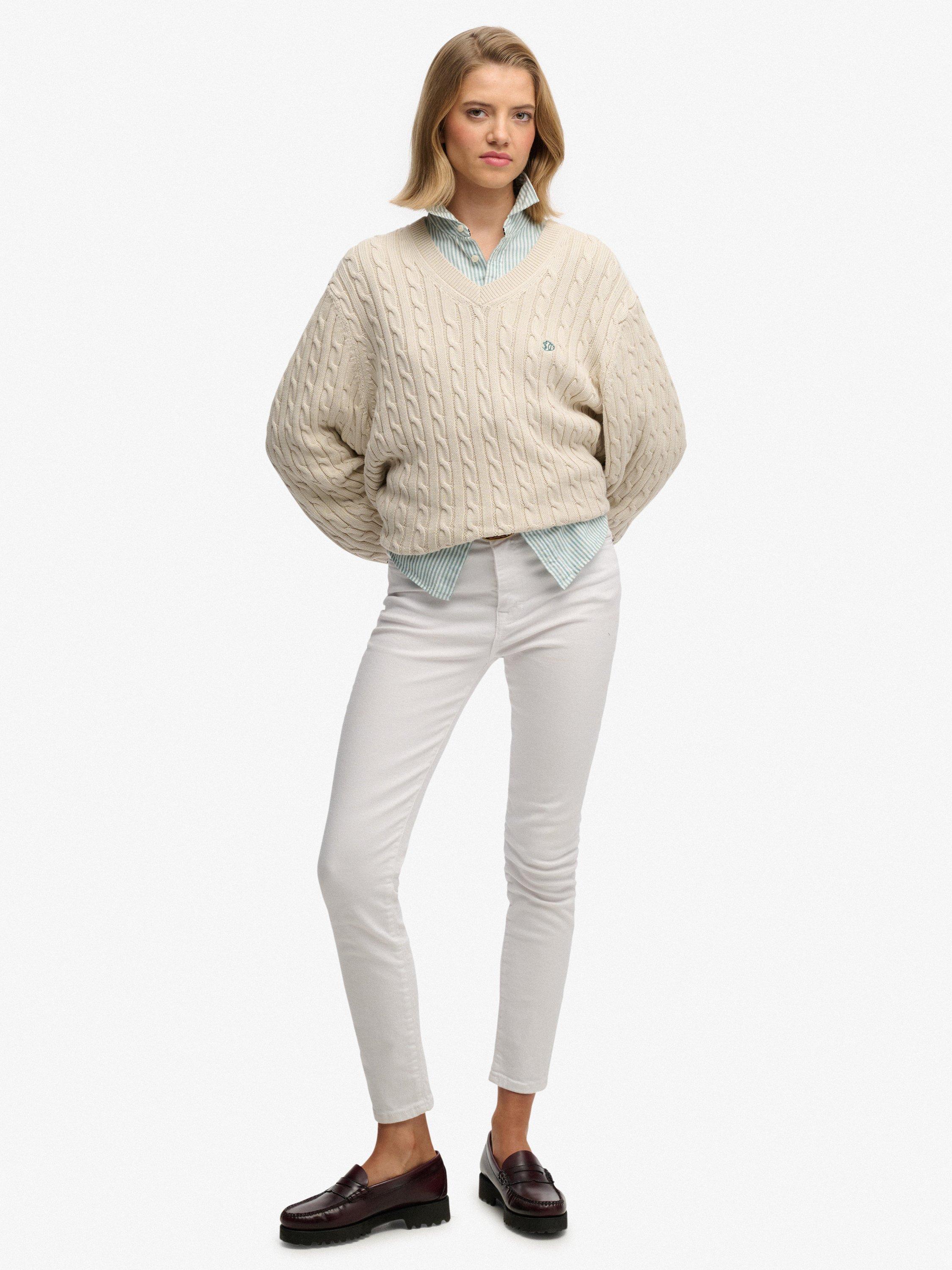Product image 3 of 5, which shows Superdry Oversized V-Neck Cable Knit Jumper, Oatmeal Beige, 8
