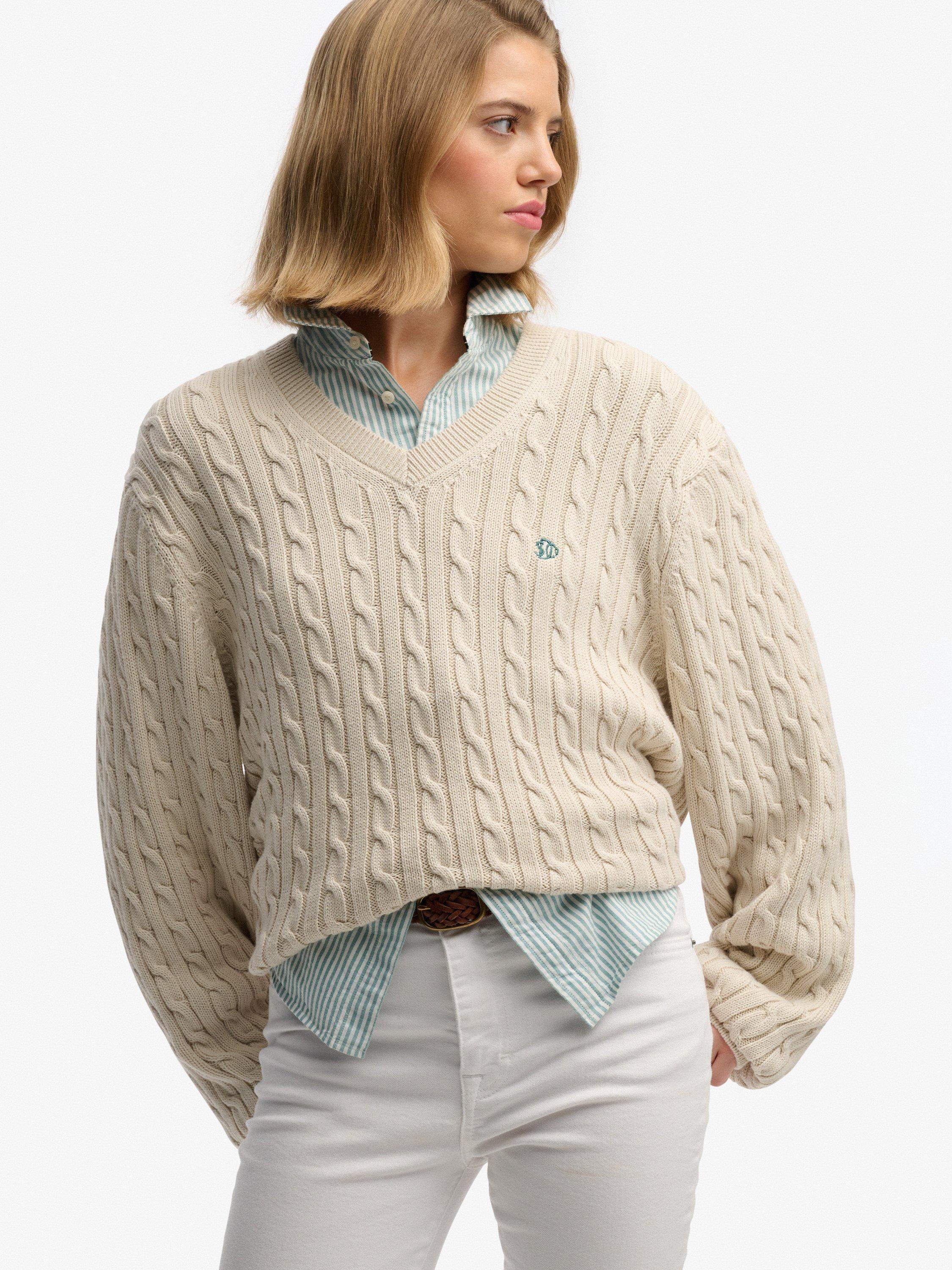 Product image 4 of 5, which shows Superdry Oversized V-Neck Cable Knit Jumper, Oatmeal Beige, 8