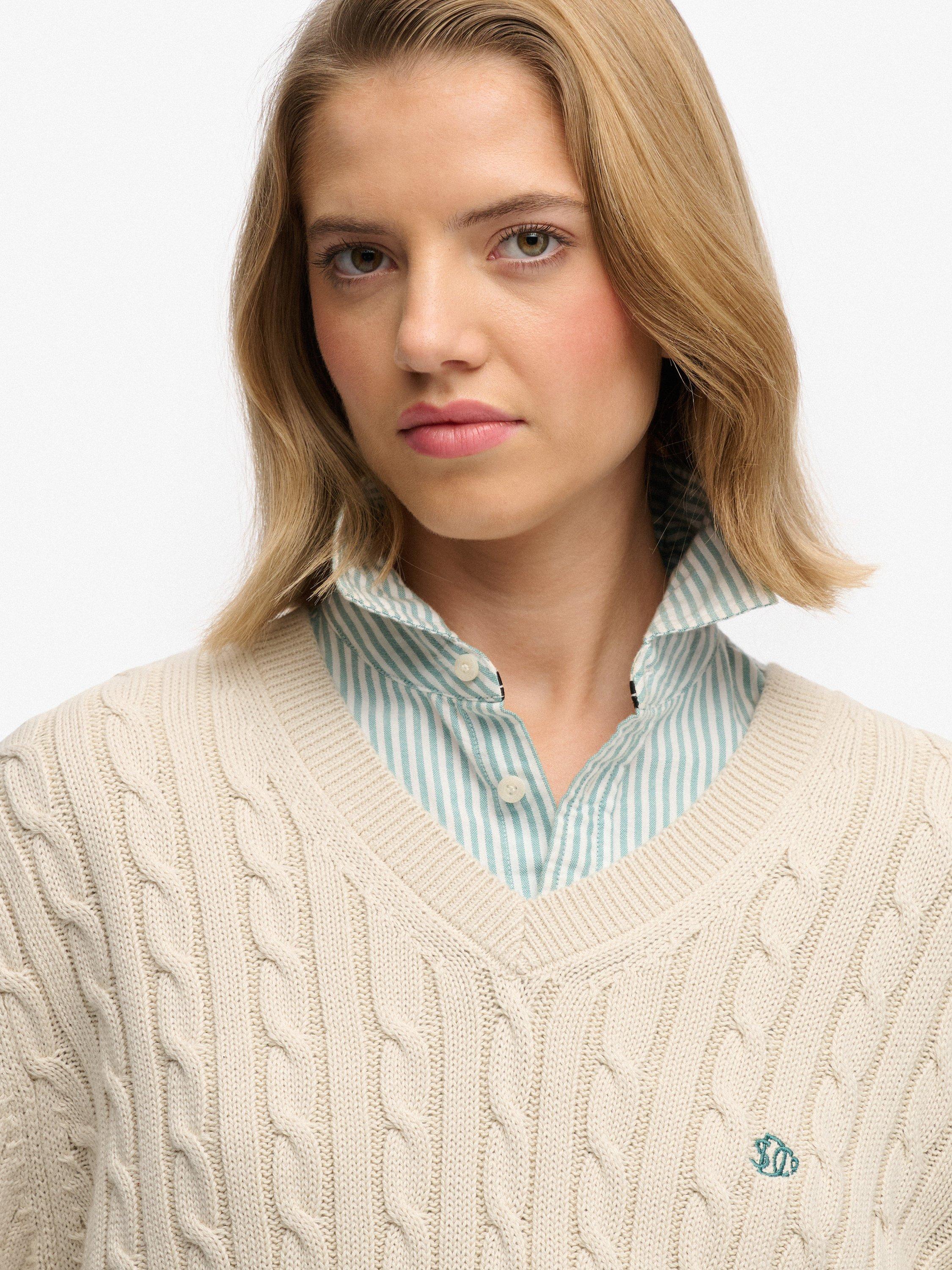 Product image 5 of 5, which shows Superdry Oversized V-Neck Cable Knit Jumper, Oatmeal Beige, 8