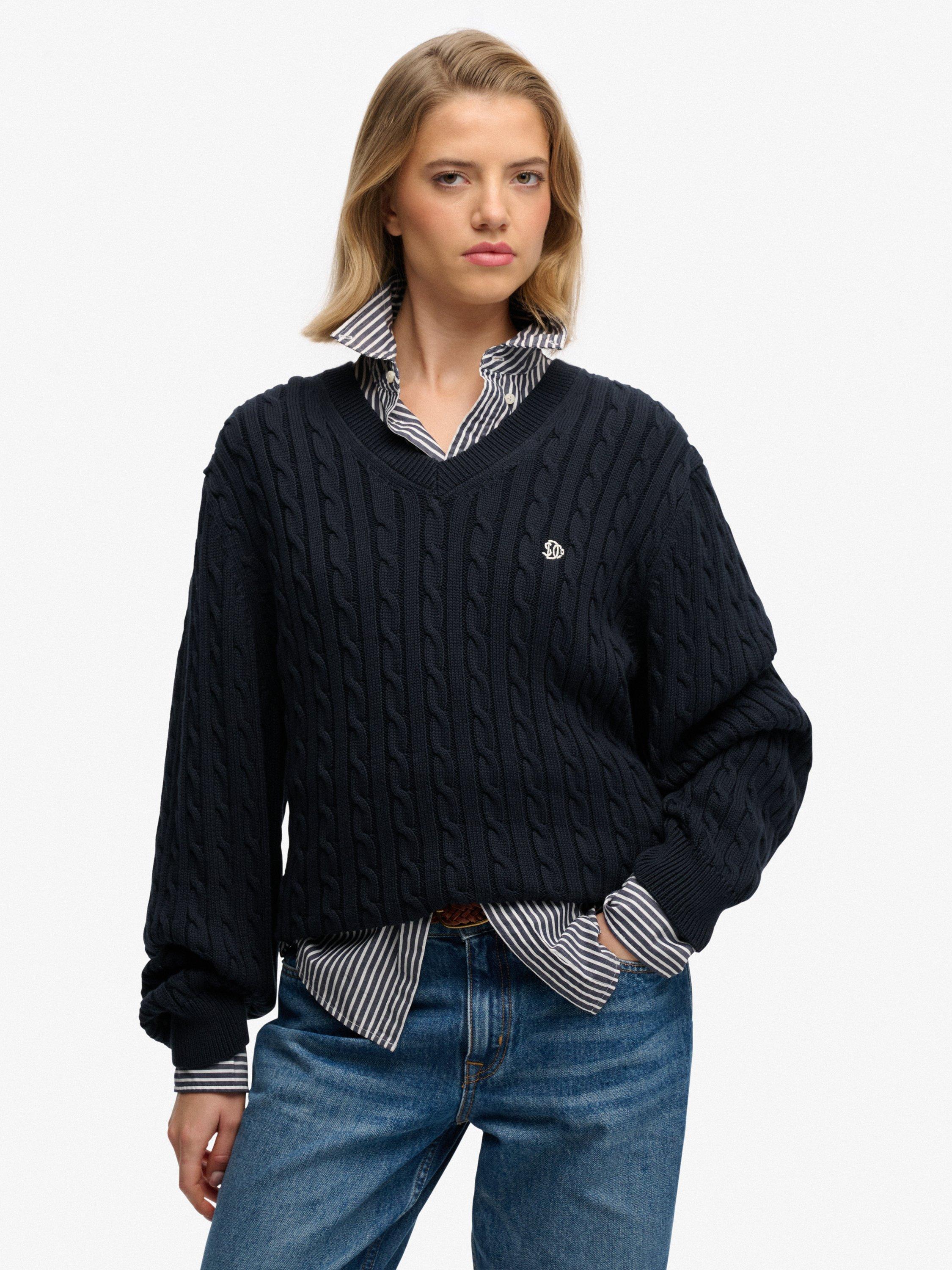 Product image 1 of 5, which shows Superdry Oversized V-Neck Cable Knit Jumper, Eclipse Navy, 6