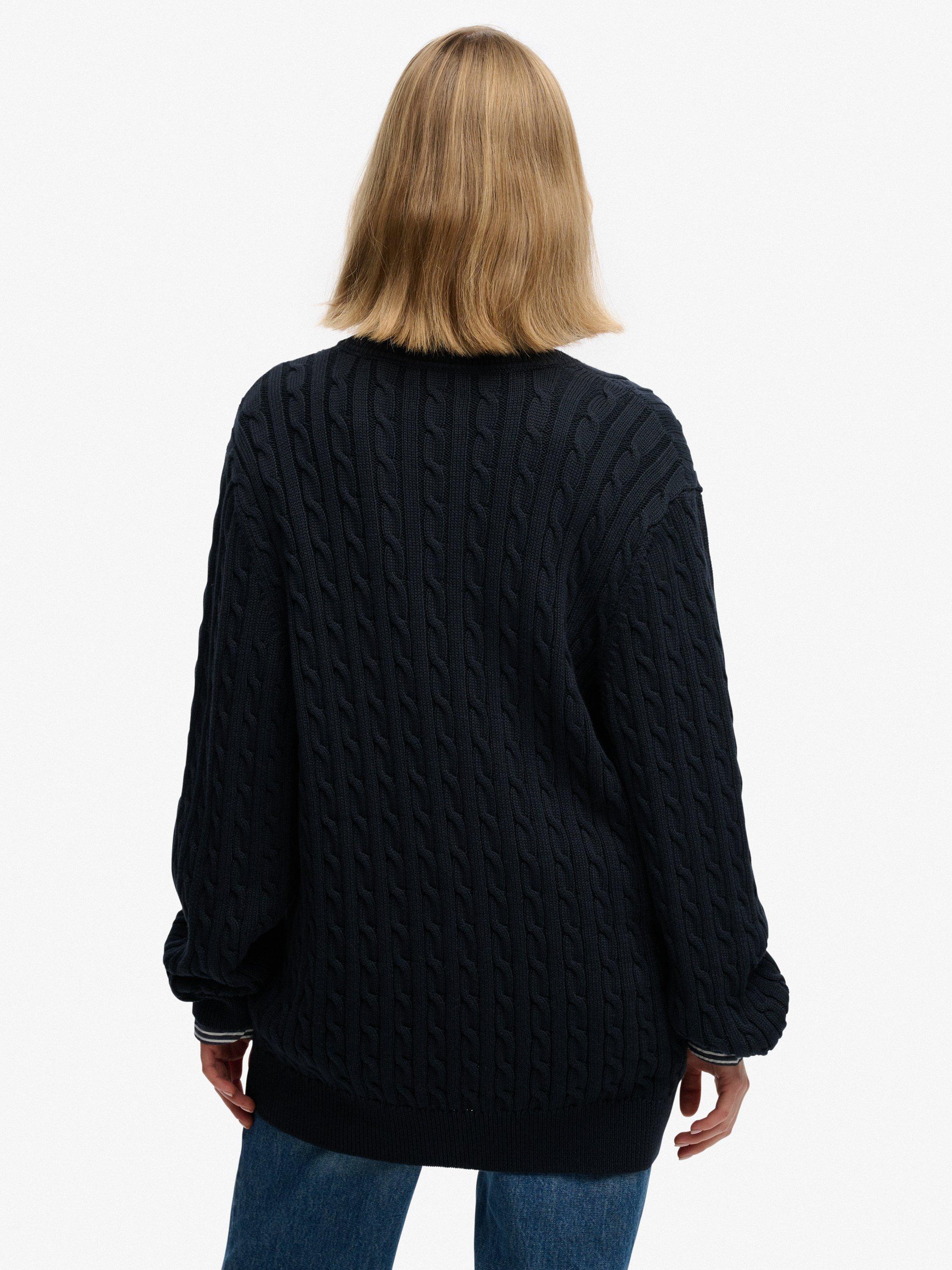 Product image 2 of 5, which shows Superdry Oversized V-Neck Cable Knit Jumper, Eclipse Navy, 6