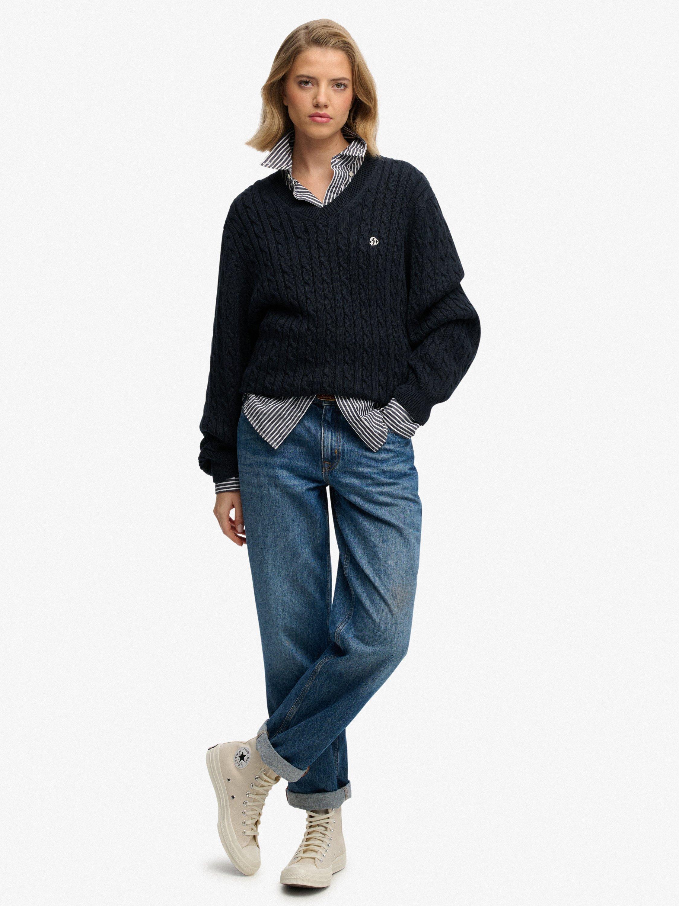 Product image 3 of 5, which shows Superdry Oversized V-Neck Cable Knit Jumper, Eclipse Navy, 6