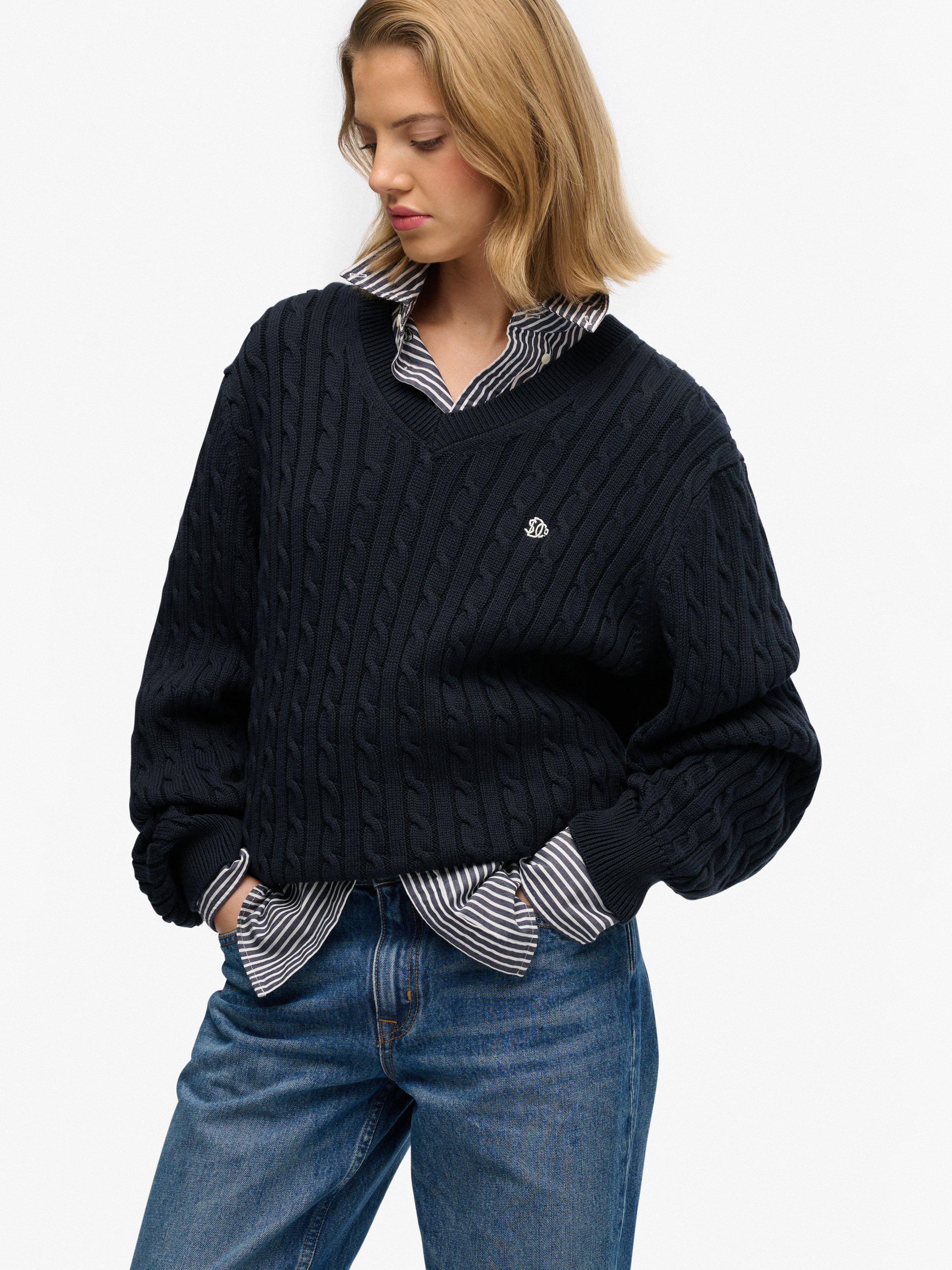 Product image 4 of 5, which shows Superdry Oversized V-Neck Cable Knit Jumper, Eclipse Navy, 6