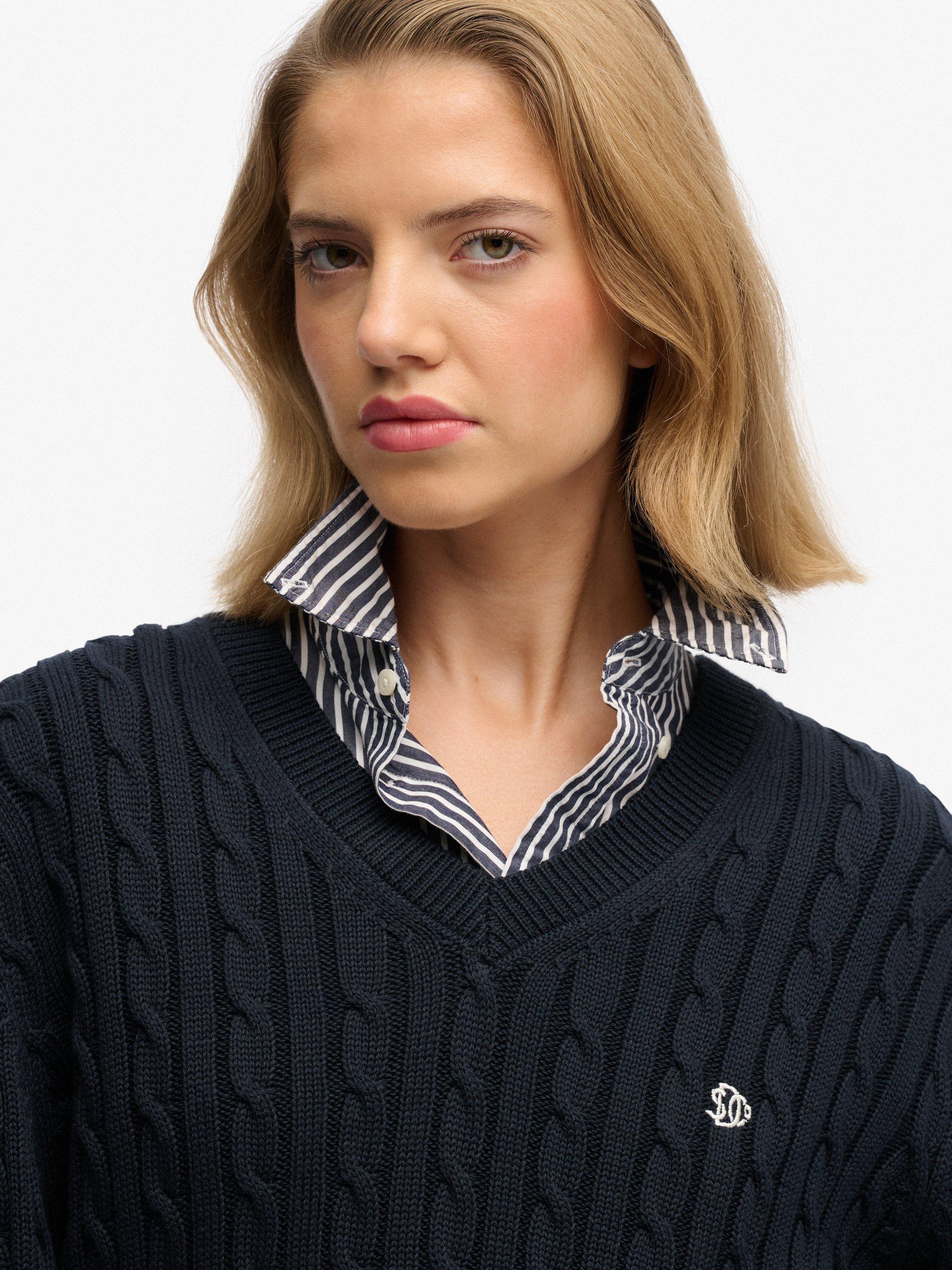 Product image 5 of 5, which shows Superdry Oversized V-Neck Cable Knit Jumper, Eclipse Navy, 6