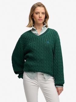 Superdry Oversized V-Neck Cable Knit Jumper, Bordeaux Red, Darkest Pine Green