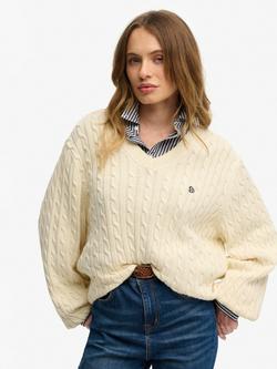 Superdry Oversized V-Neck Cable Knit Jumper, Bordeaux Red, Natural White