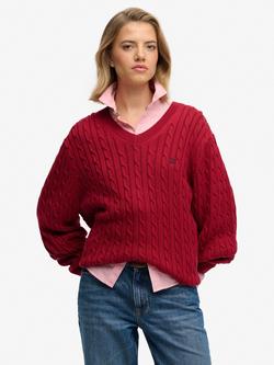 Superdry Oversized V-Neck Cable Knit Jumper, Bordeaux Red, Bordeaux Red