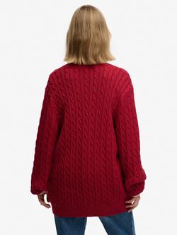 Superdry Oversized V-Neck Cable Knit Jumper, Bordeaux Red - view 2, Bordeaux Red