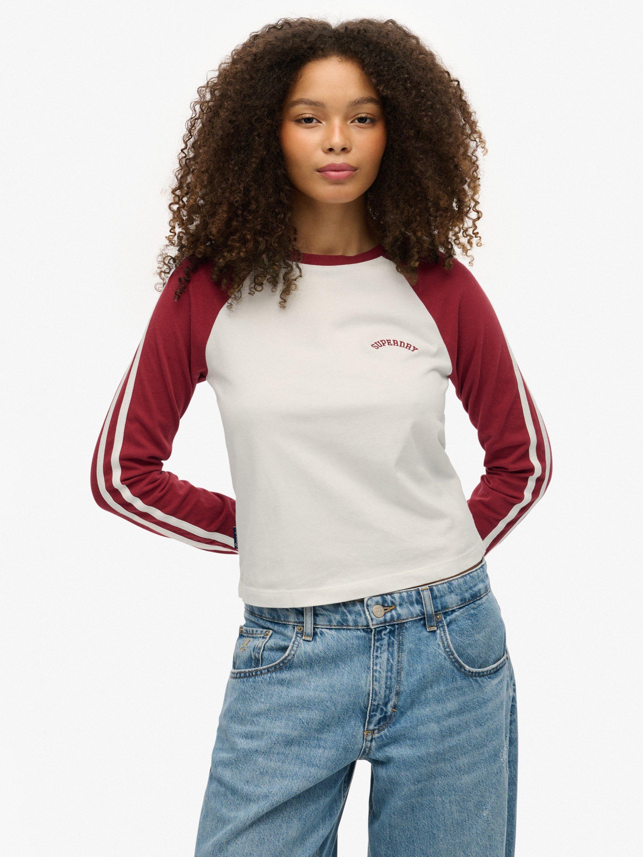 Product image 1 of 5, which shows Superdry Essential Logo Retro Long Sleeve Top, Optic/Bordeaux Red, 16