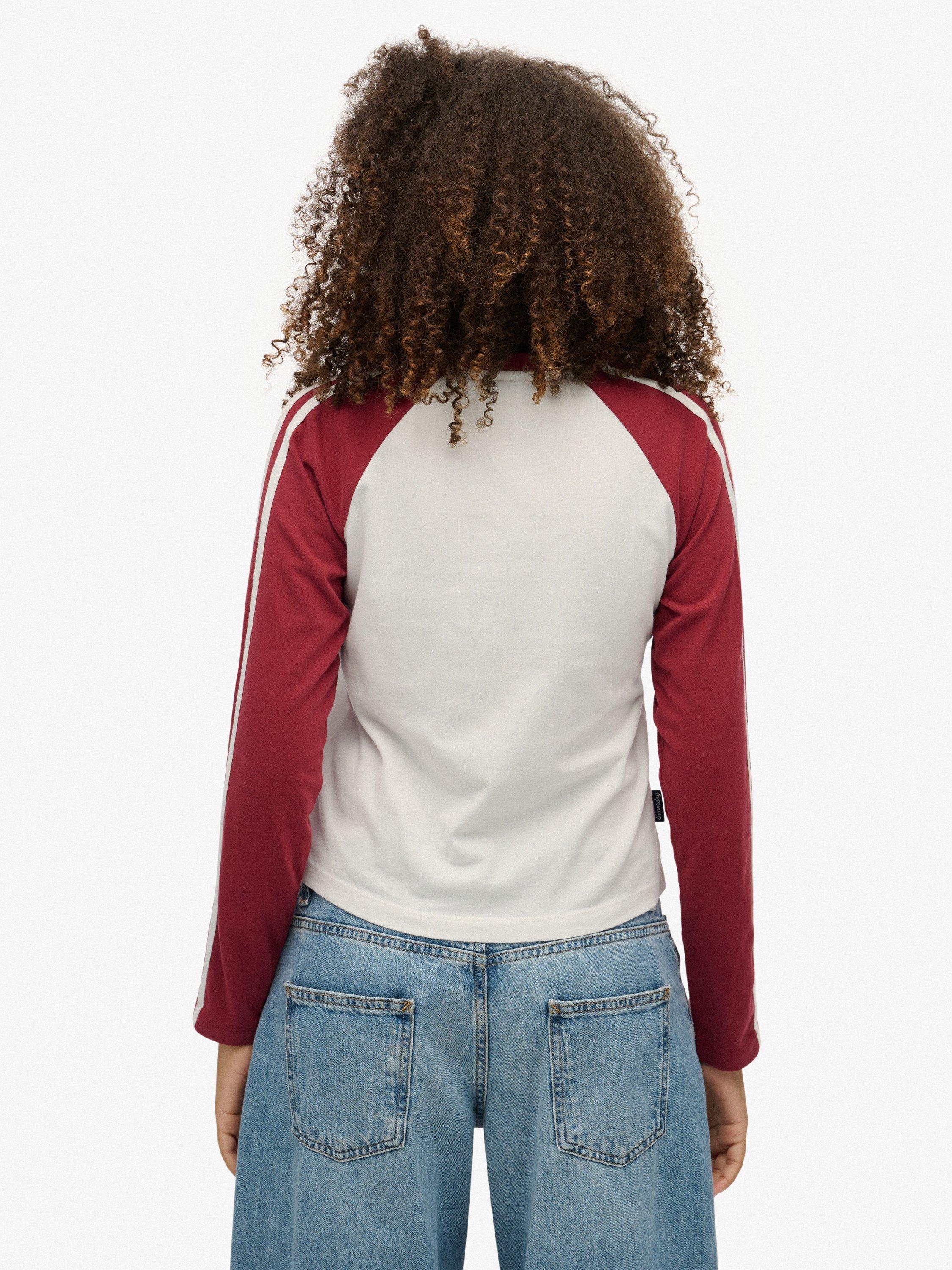 Product image 2 of 5, which shows Superdry Essential Logo Retro Long Sleeve Top, Optic/Bordeaux Red, 16