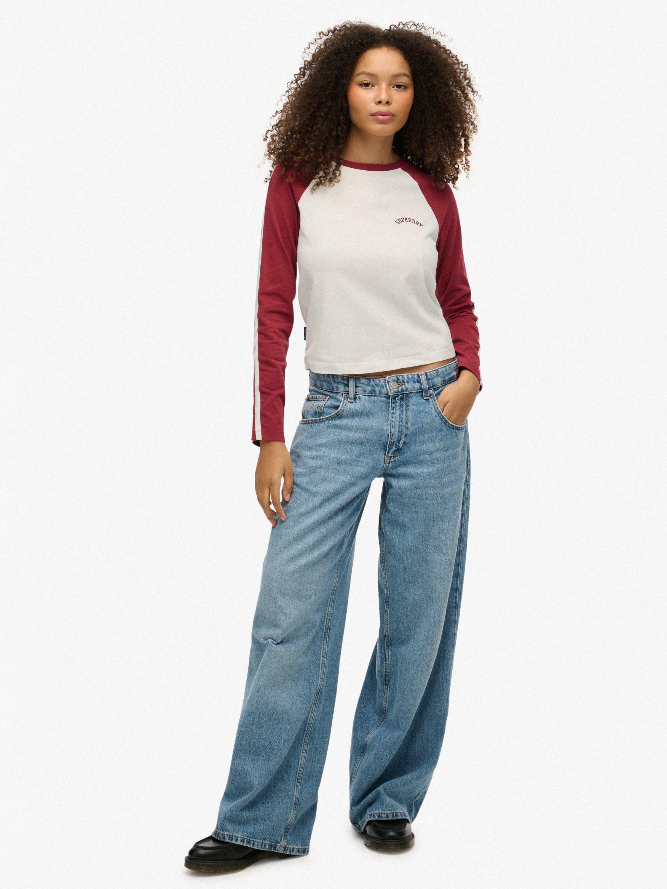 Product image 3 of 5, which shows Superdry Essential Logo Retro Long Sleeve Top, Optic/Bordeaux Red, 16