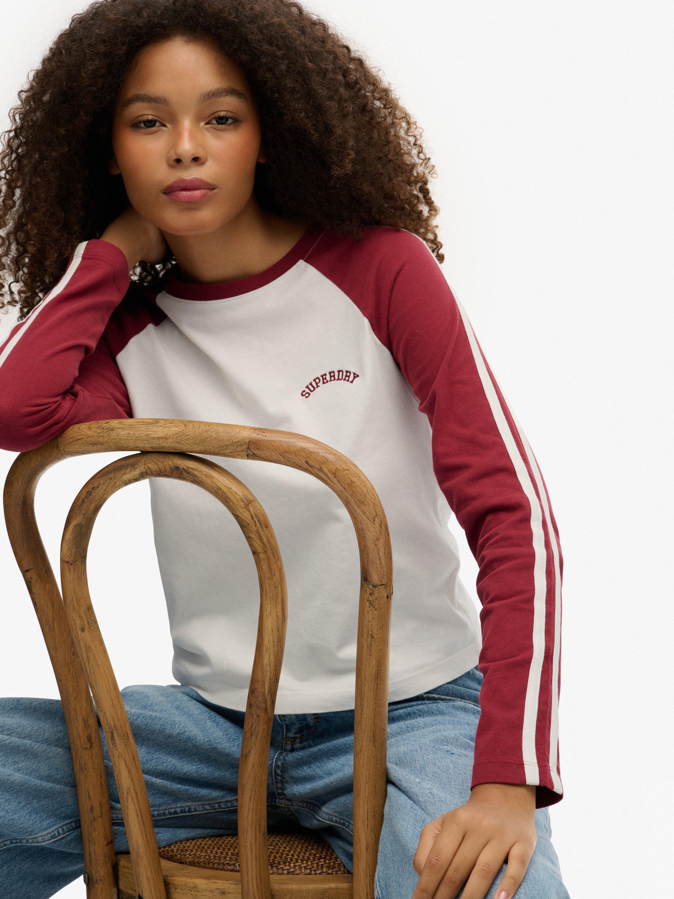 Product image 4 of 5, which shows Superdry Essential Logo Retro Long Sleeve Top, Optic/Bordeaux Red, 16