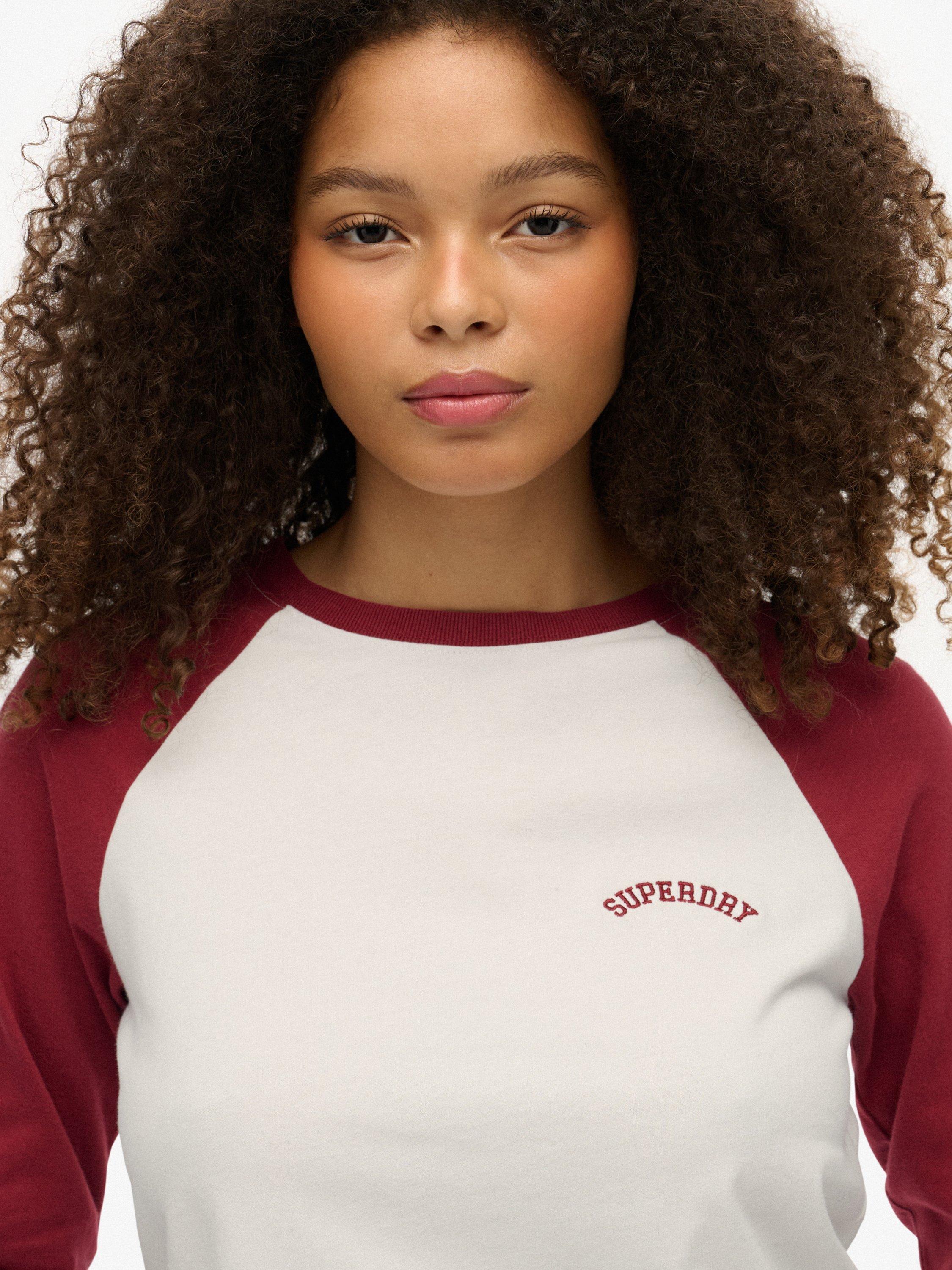 Product image 5 of 5, which shows Superdry Essential Logo Retro Long Sleeve Top, Optic/Bordeaux Red, 16