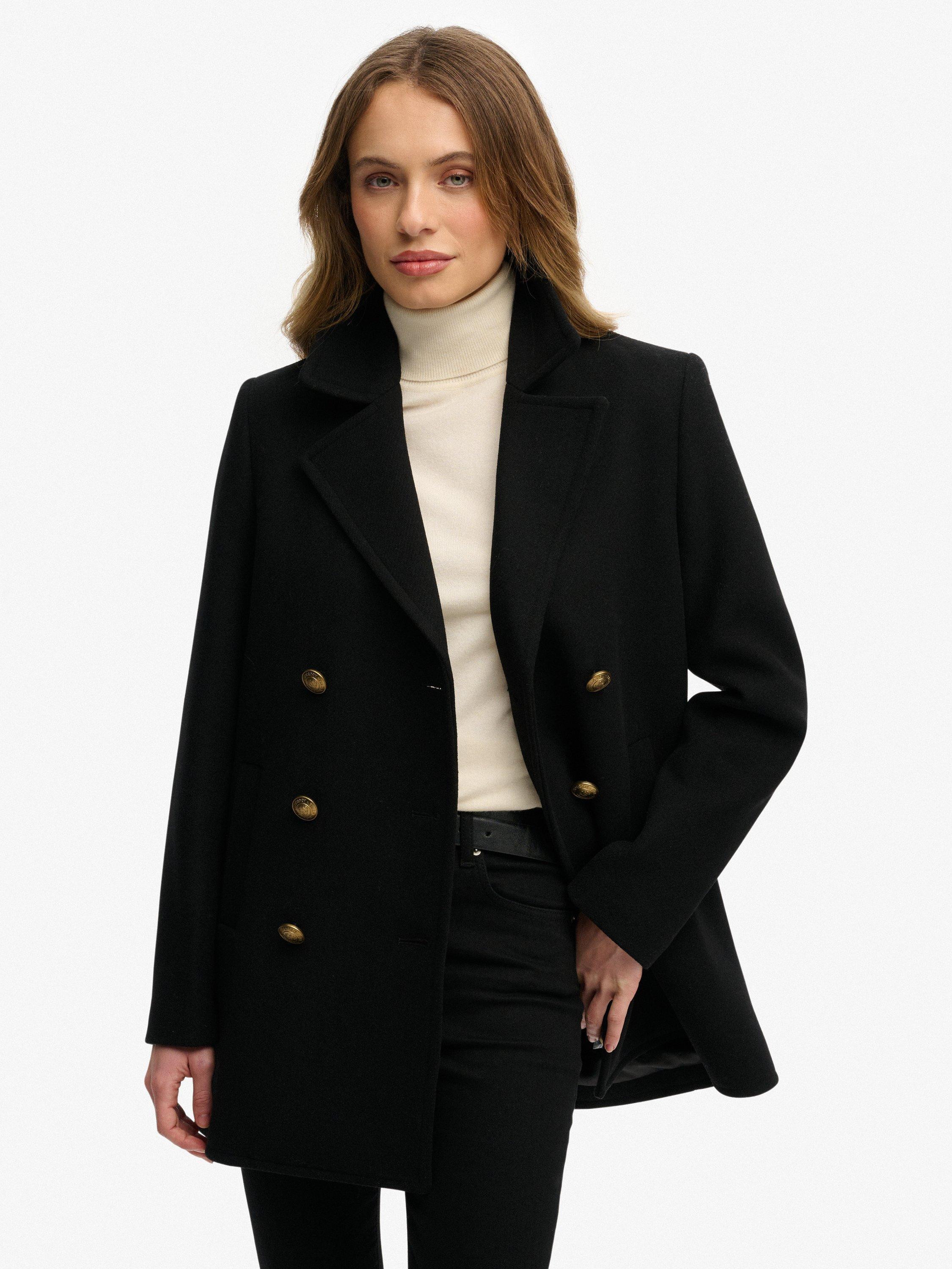 Product image 1 of 6, which shows Superdry Double Breasted Wool Rich Peacoat, Black, 8