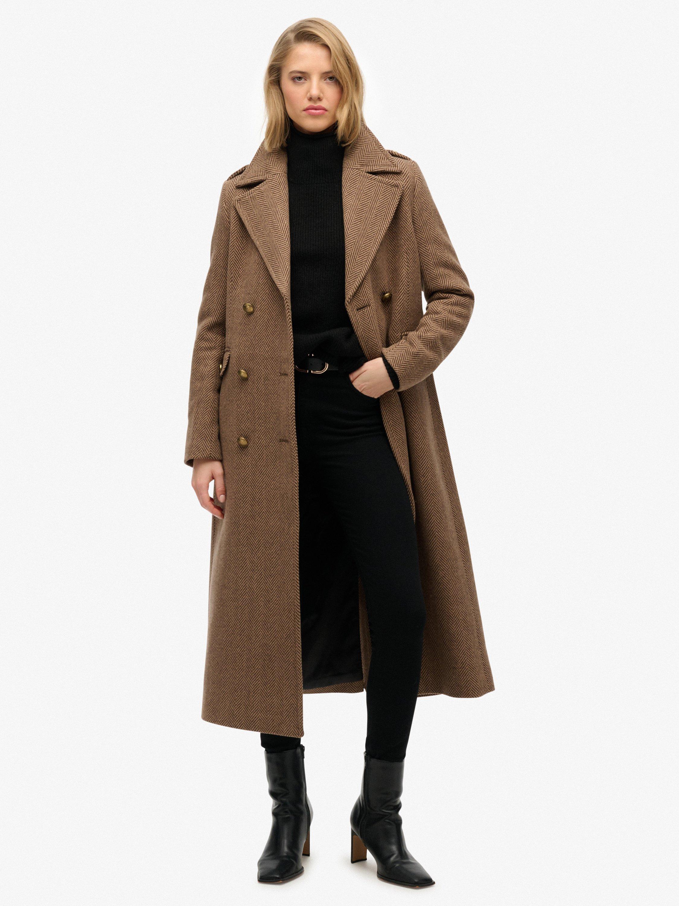 Product image 1 of 5, which shows Superdry Double Breasted Wool Rich Coat, Camelbrwnherringbone, 8