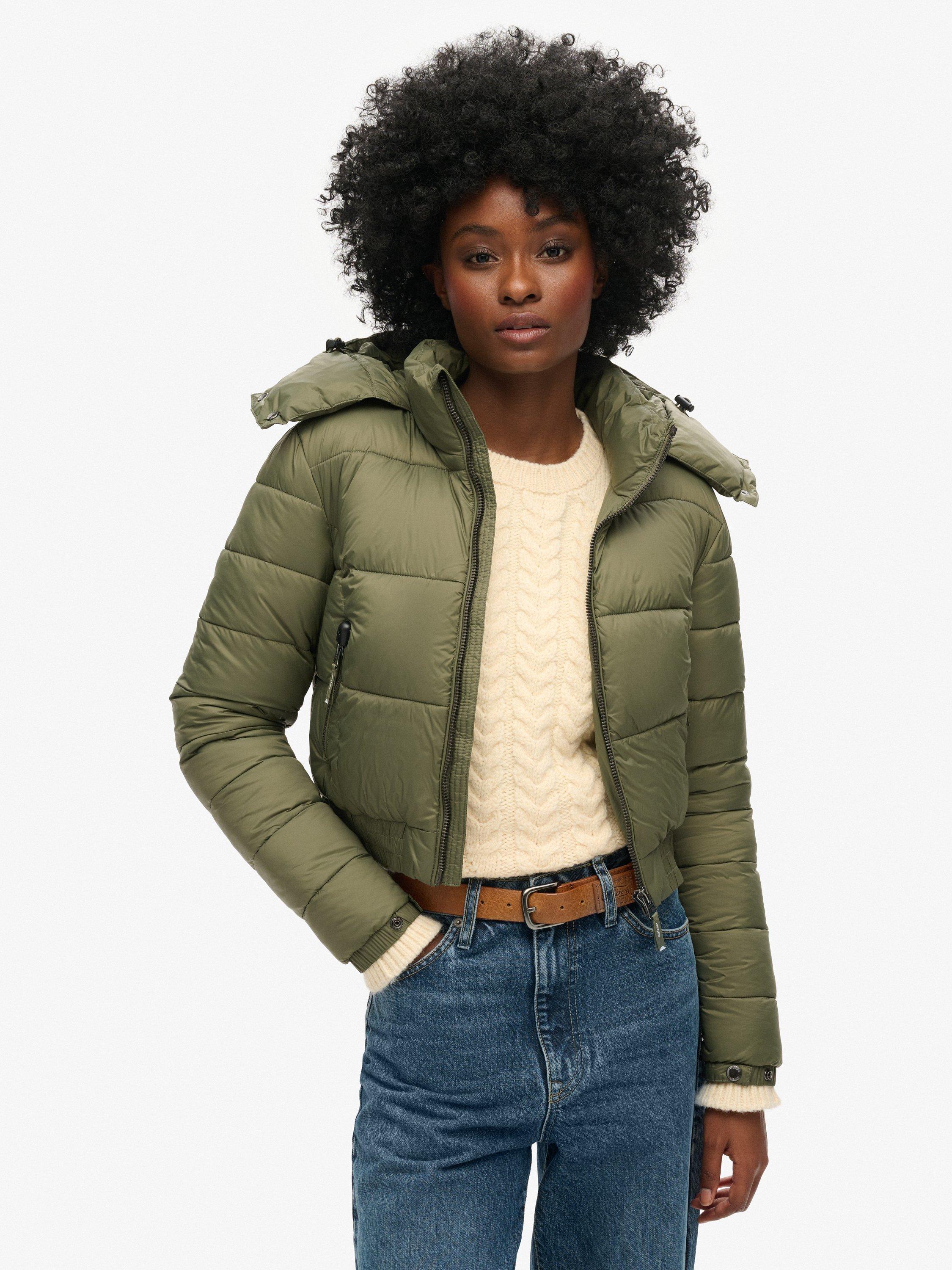 Product image 1 of 5, which shows Superdry Crop Hooded Fuji Jacket, Dusty Olive Green, 8
