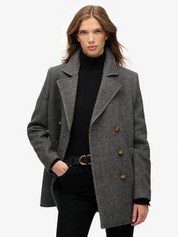 Superdry Double Breasted Wool Rich Peacoat, Charcoal Herringbone, Charcoal Herringbone